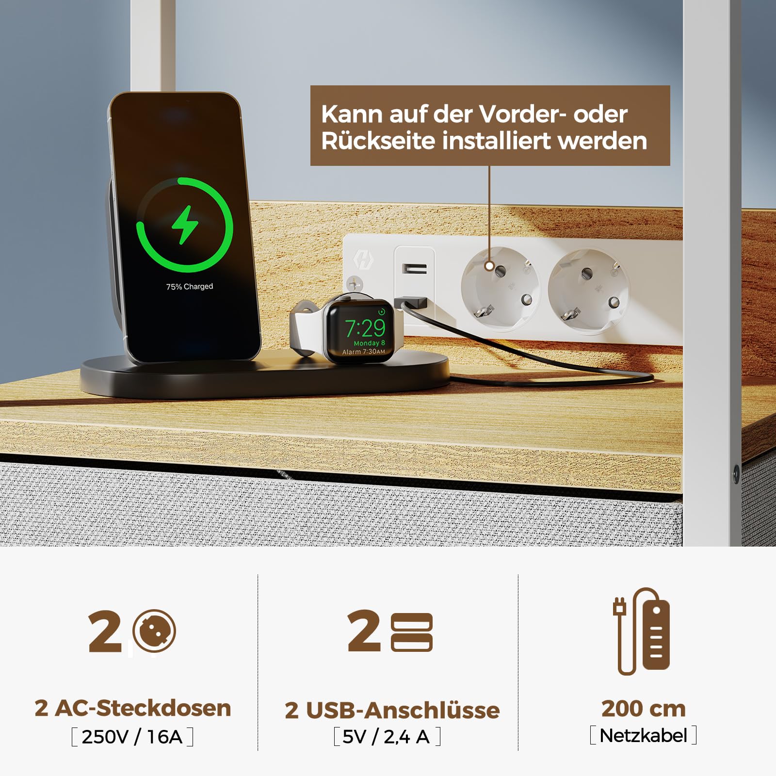 Rolanstar Nachttisch mit Ladefunktion, Beistelltisch mit LED-Leuchten, 2 Stoffschubladen & 3-stufiger Aufbewahrungs, Nachtschrank aus Holz für Schlafzimmer (1, Hellbeige)