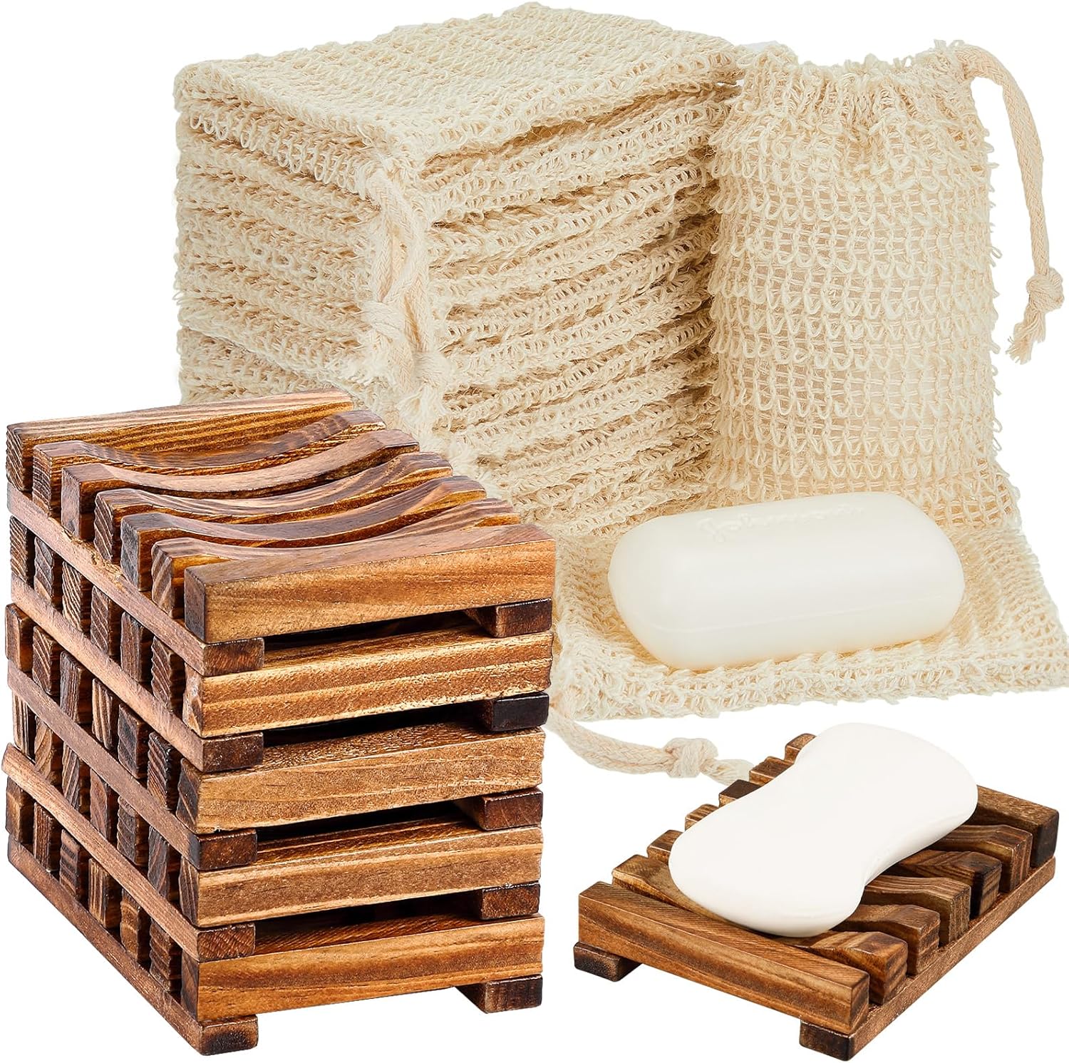 Umigy 60-Piece Soap Saver Kit - Sisal Mesh Bags & Bamboo Wood Soap Holders for Bath & Shower (Beige, Charcoal)