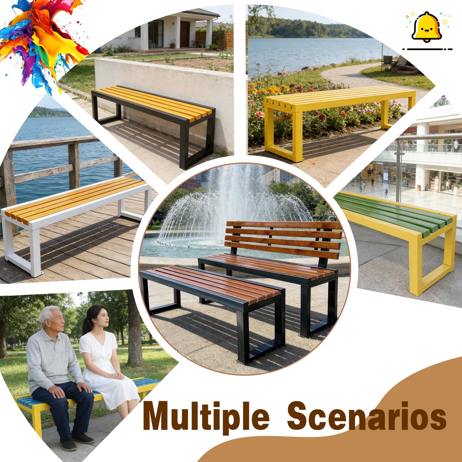 Panchina da parco zincata, seduta legno massello trattato, struttura antiruggine, 400 kg, fissaggio a terra, per scuola, piazza, terrazzo, balcone, negozio