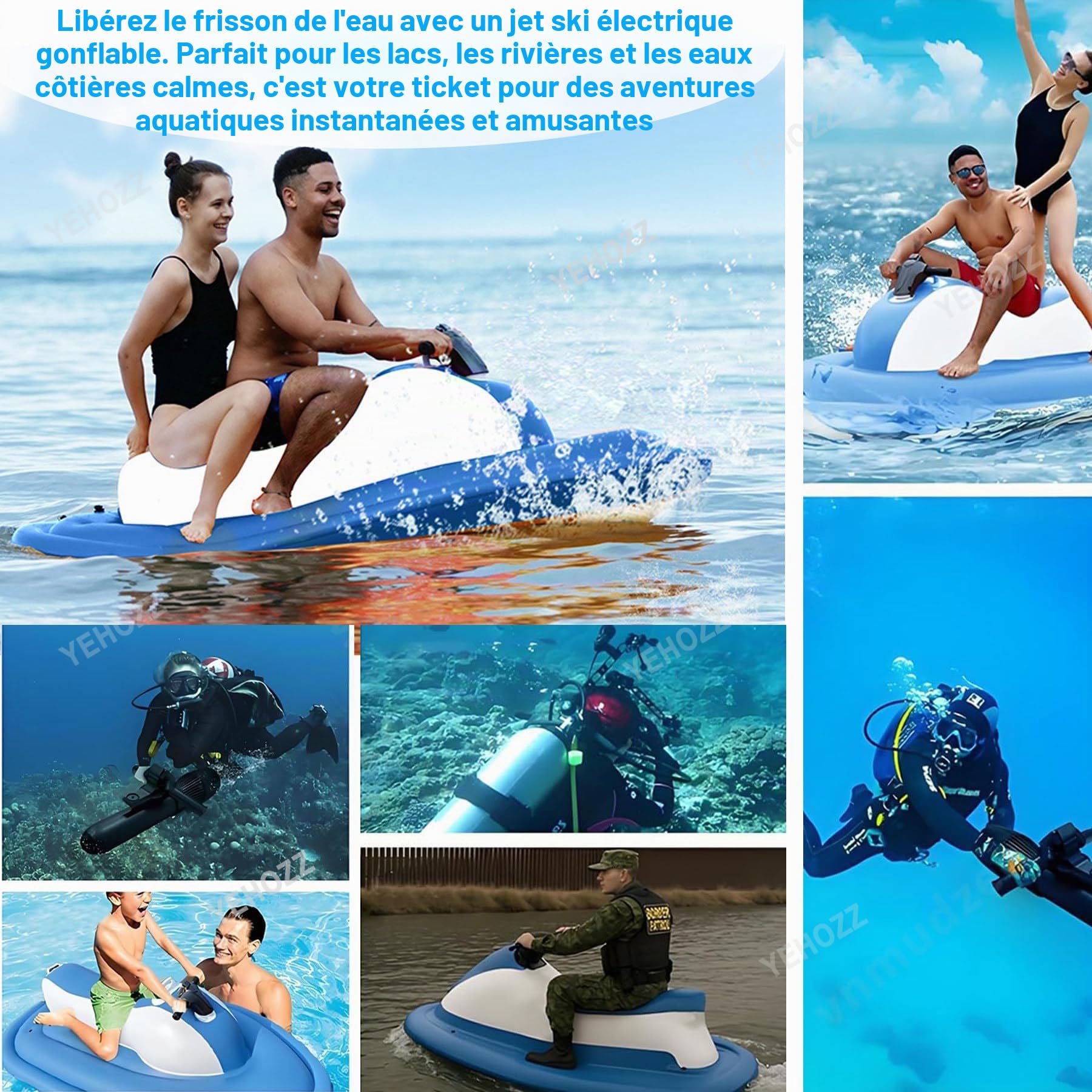 Bateau Gonflable électrique 500 W/700 W avec Moteur, Jet Ski Et Sup Portables pour Adultes Et Enfants, Plongée, Natation, Kayak (Version avec Batterie Amovible) Motorboat+500W10AThruster