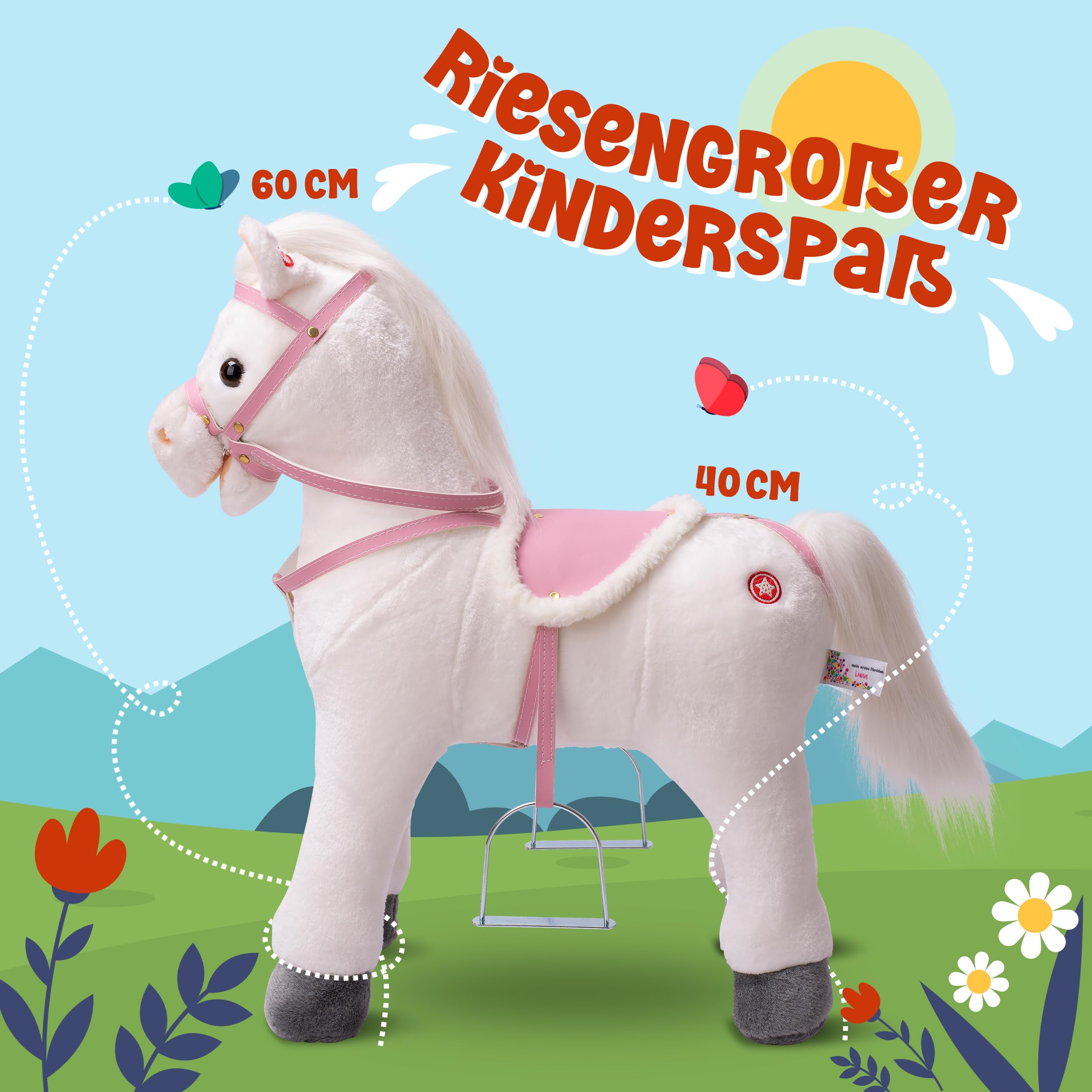 Pink Papaya Stehpferd zum draufsitzen | 60cm Spielpferd zum Reiten Luna | Pferd zum Reiten für Kinder mit Sound | Sattel Pferd