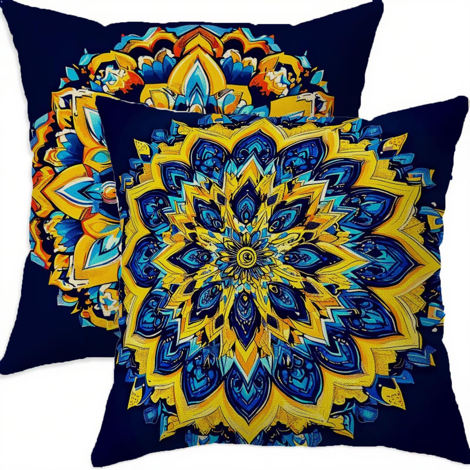 Housse coussin 70x70cm lin imperméable bohème jaune pour canapé patio