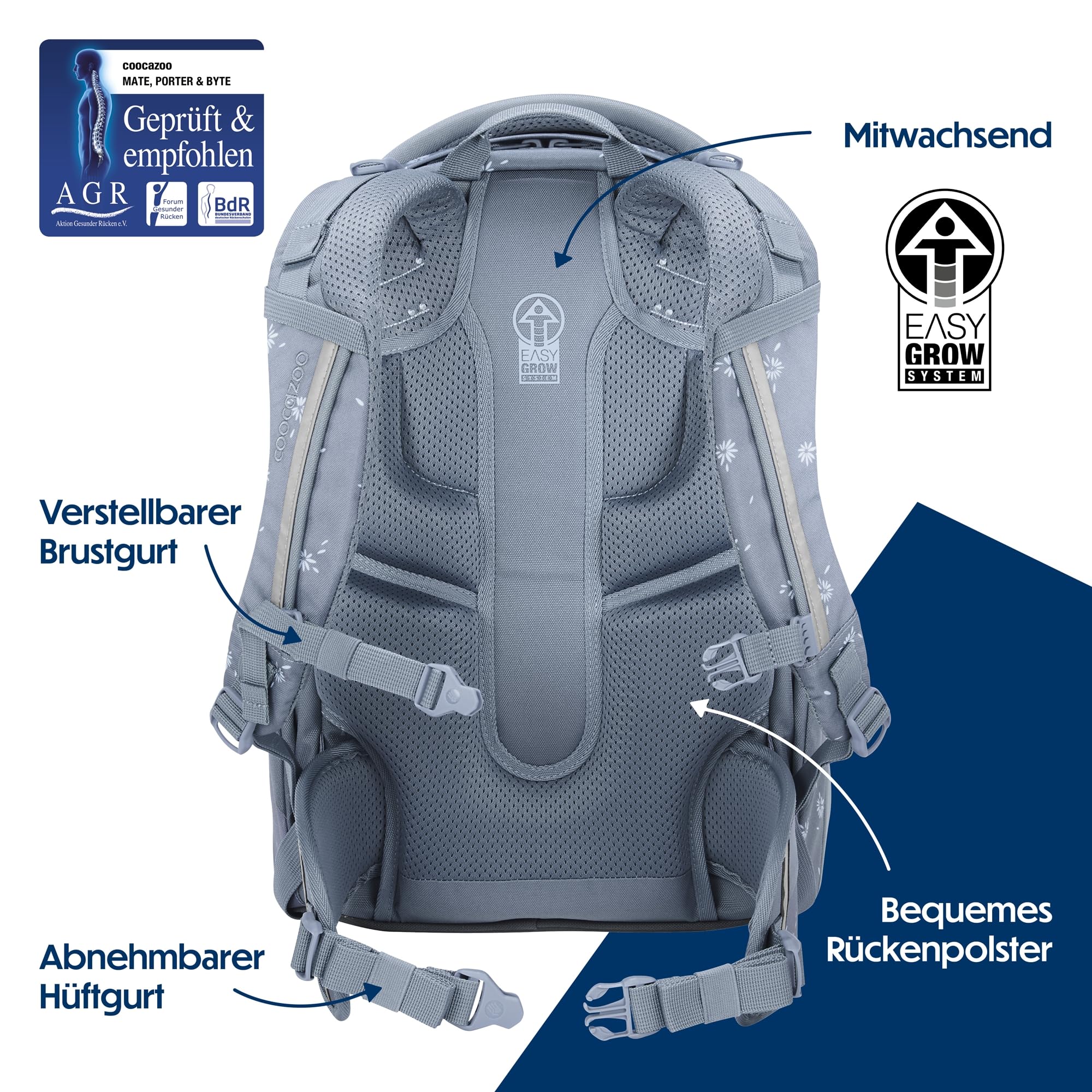 coocazoo Mate Schulrucksack „Bloomy Daisy”, hellgrau, ergonomischer & anpassbarer Tornister, höhen- & größenverstellbar, mit Brustgurt & Hüftgurt, ab der 3. Klasse