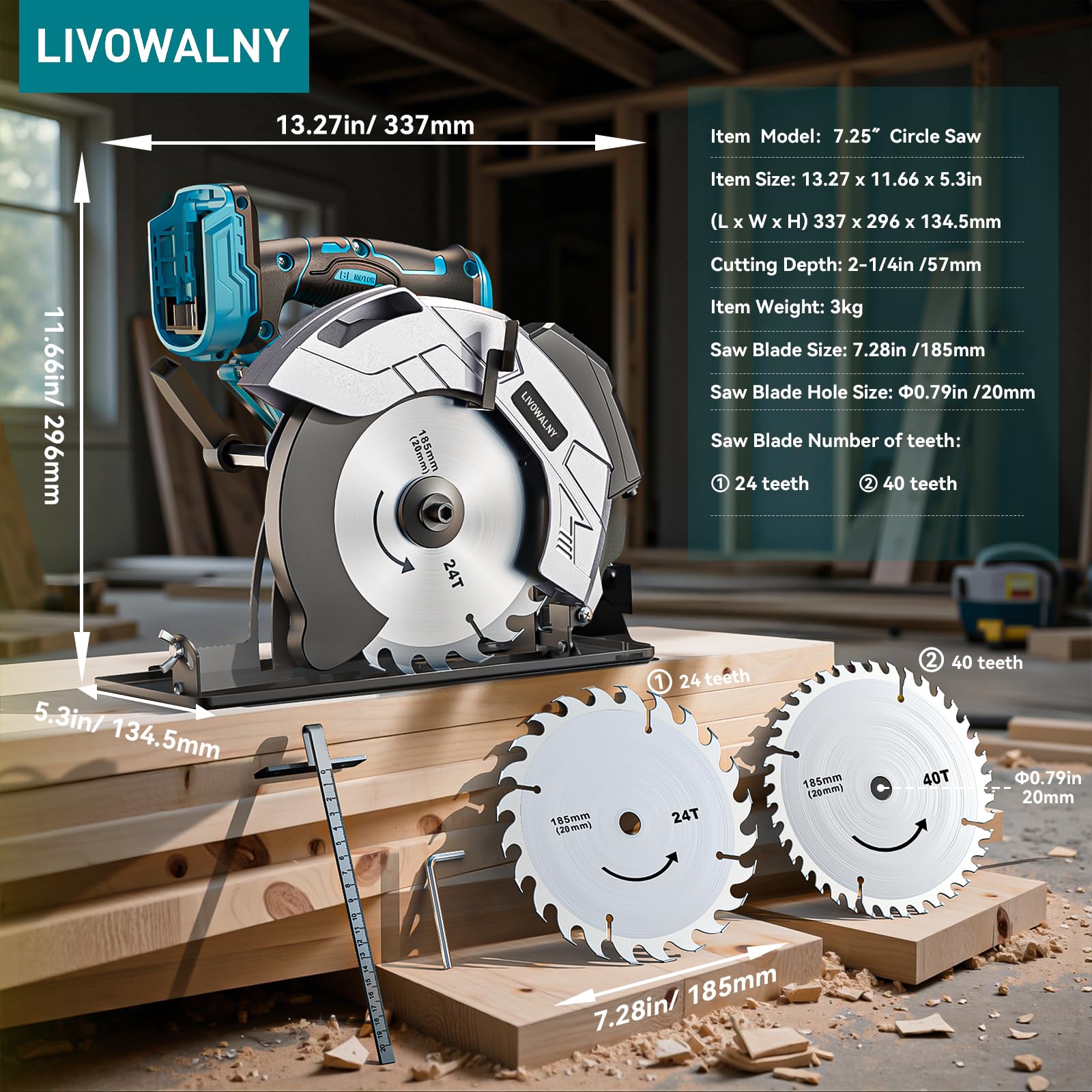 LIVOWALNY Handkreissäge Kompatibel Mit Makita Akku 18v, 66mm Akku-Kreissäge mit Ø165 x Ø20 mm Sägeblatt, werkzeuglose Einstellung bei Schnitttiefe + Neigungswinkel (ohne Akku)