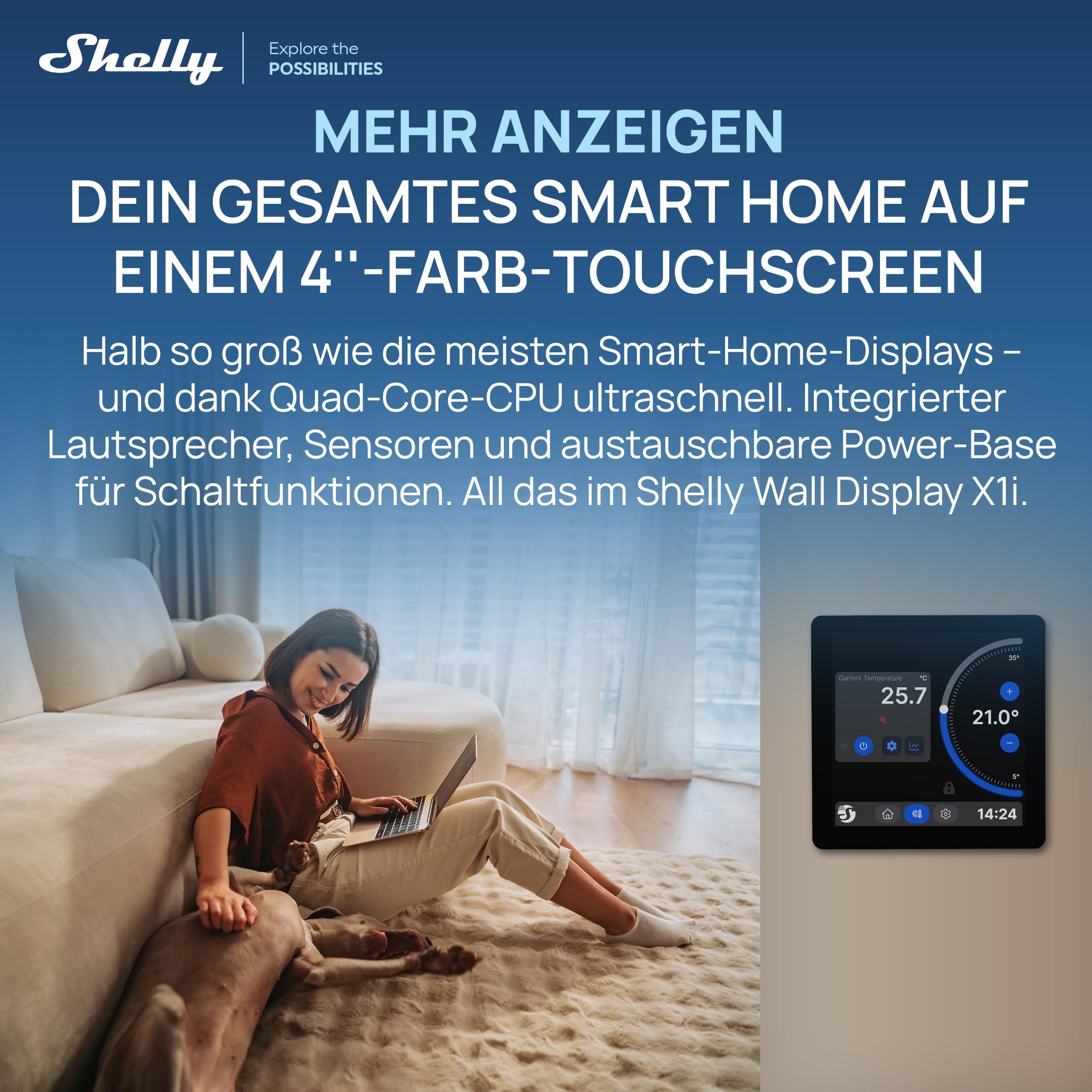 Shelly Wall Display X1i Silber - Smarte Bedienzentrale mit 4" Touchscreen, Integriertes Relais, Lichtsteuerung, Wi-Fi 6 & Bluetooth, Szenen, Smart Home Panel, Alexa & Google, Kein Hub Erforderlich
