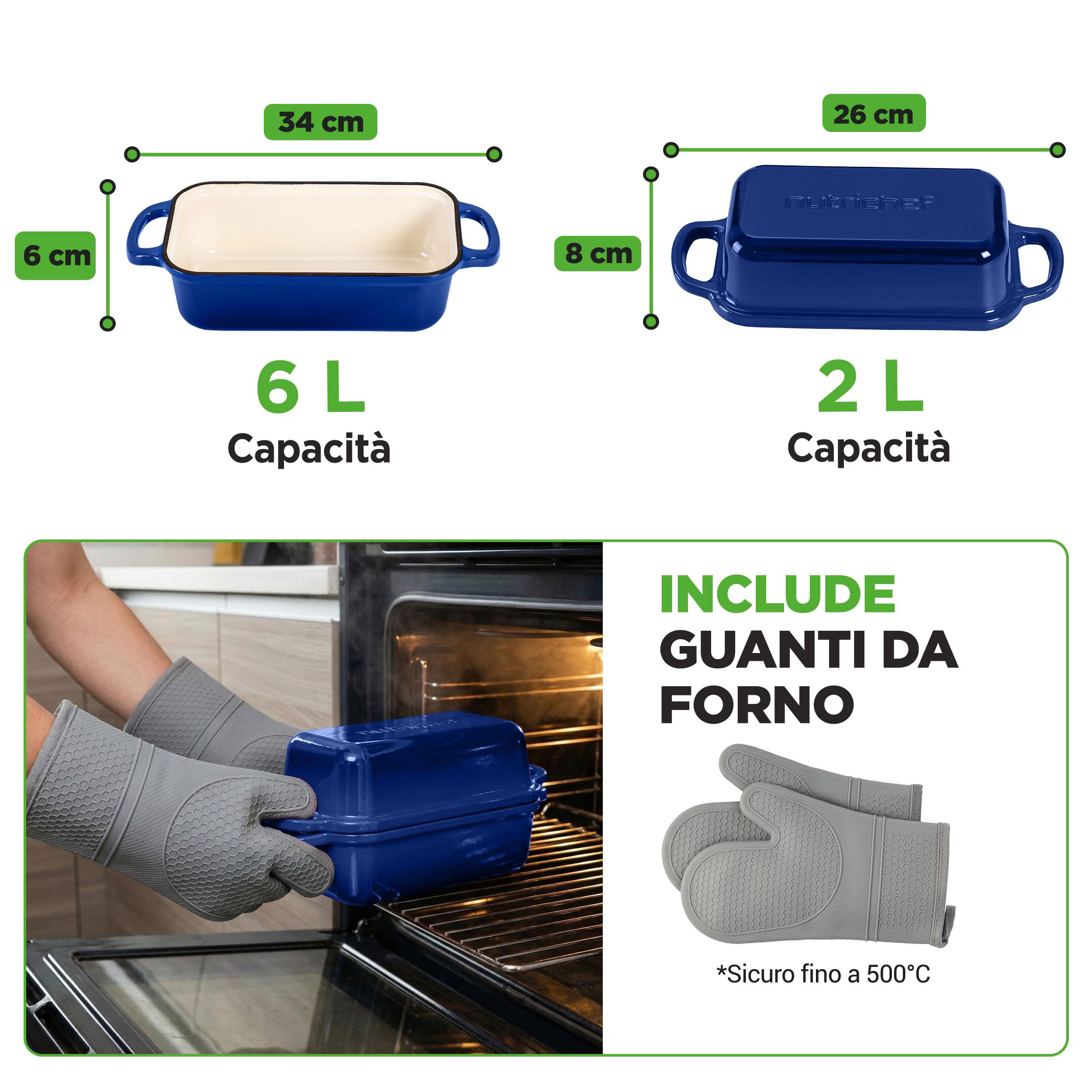 NutriChef Teglia per Pane in Cassetta 23x13 cm in Ghisa Smaltata con Coperchio, Stampo Pane in Cassetta Antiaderente per Cosce di Pollo, Spezzatino di Manzo e Lasagna, Blu