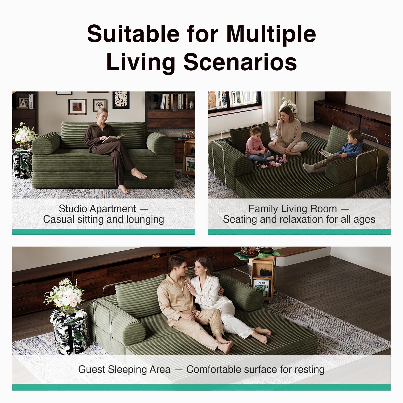 Novilla 75" Convertible Futon Sofa Bed, Boneless Couch with Smarts Coil® Support & High-Density Foam, No Assembly Corduroy Folding Loveseat Floor Sleeper for Living Room, Apartment, Bedroom, Green