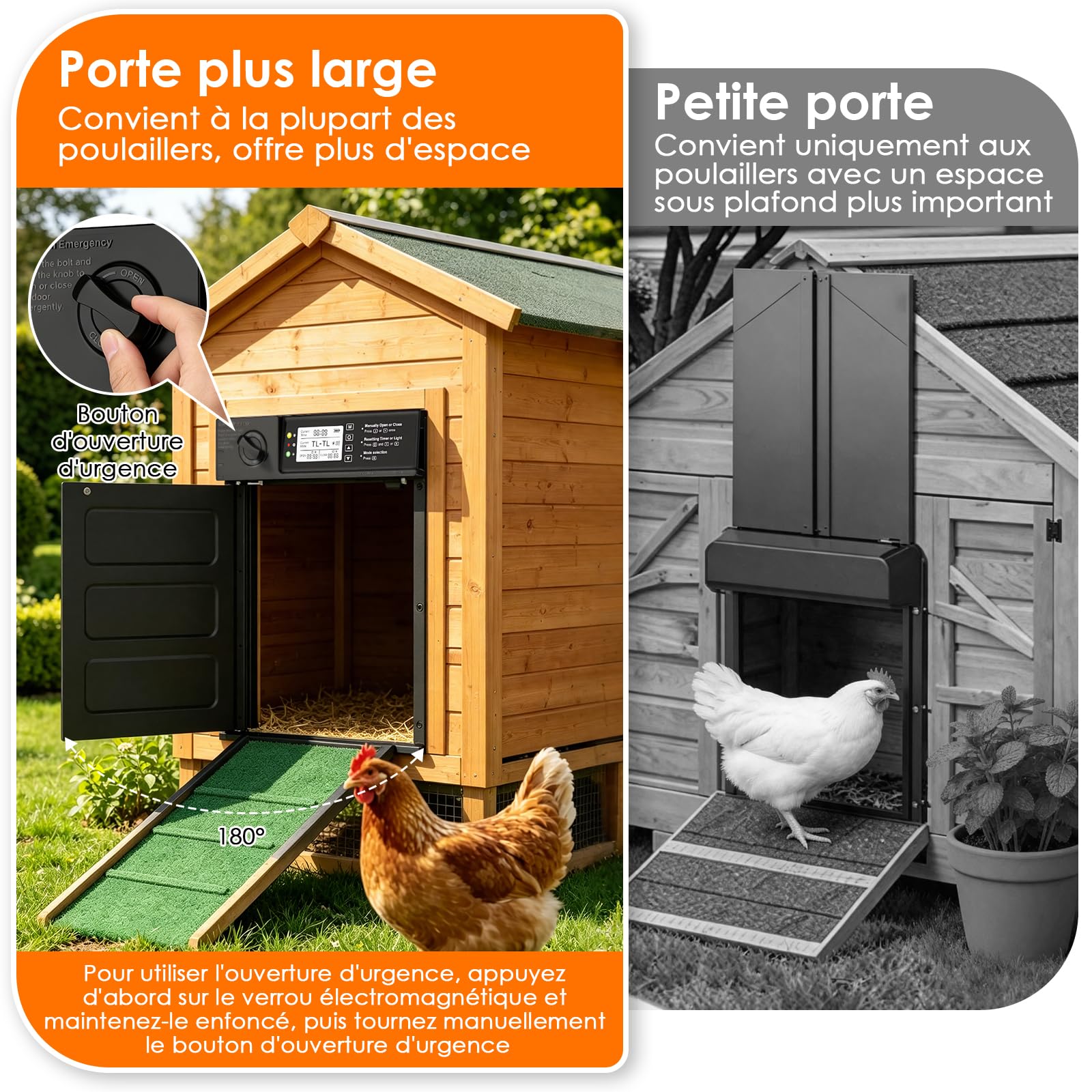 Grande Porte Poulailler Automatique Solaire, Porte Automatique Poulailler Solaire en Aluminium avec Écran LCD Étanche, Minuterie, Télécommande, Fonction Anti-pincement