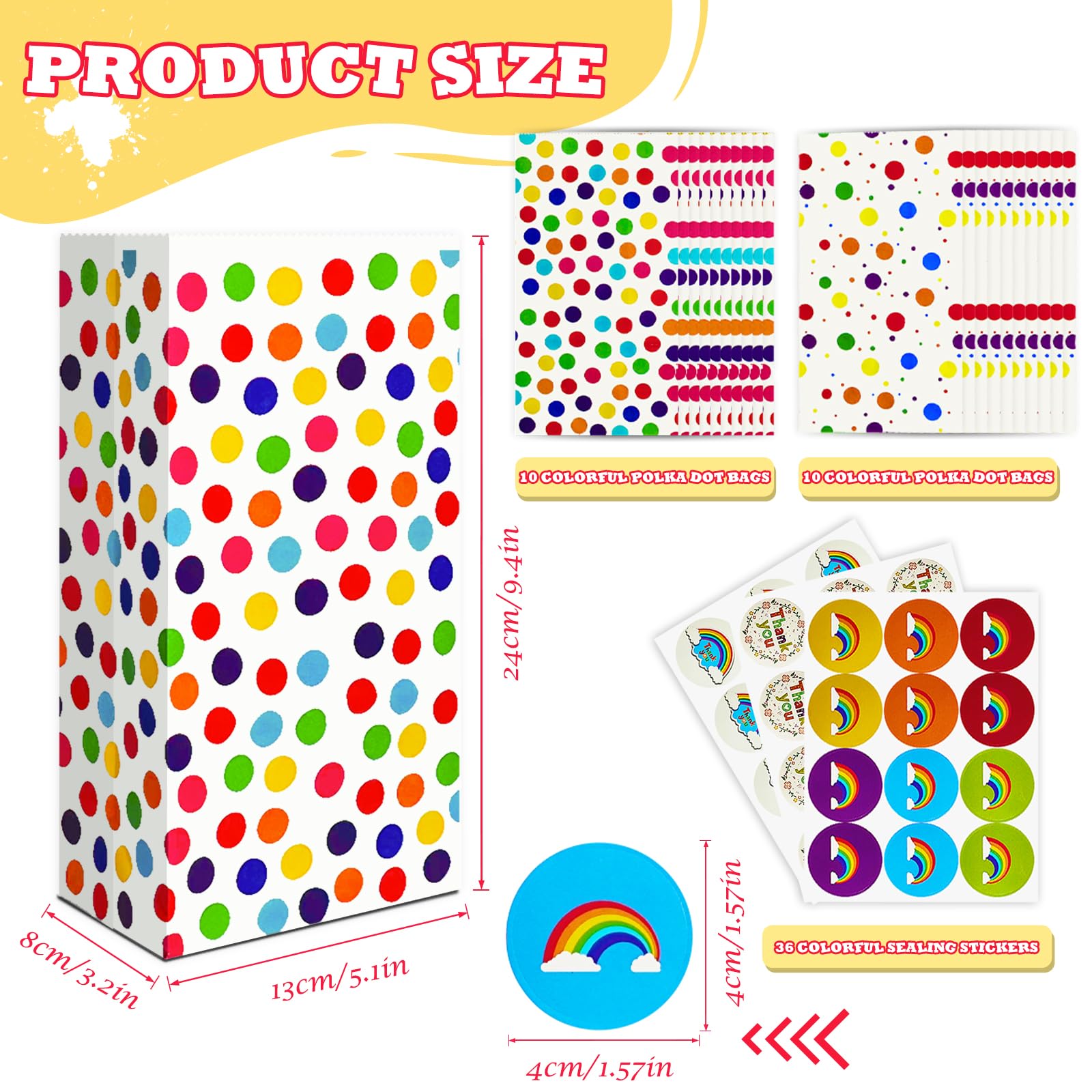 20 sztuk papierowych torebek na prezenty, kolorowa torebka urodzinowa na cukierki | Torebka z papieru Kraft z 36 naklejkami, woreczek na prezent, na przyjęcie weselne urodziny 24 x 13 x 8 cm