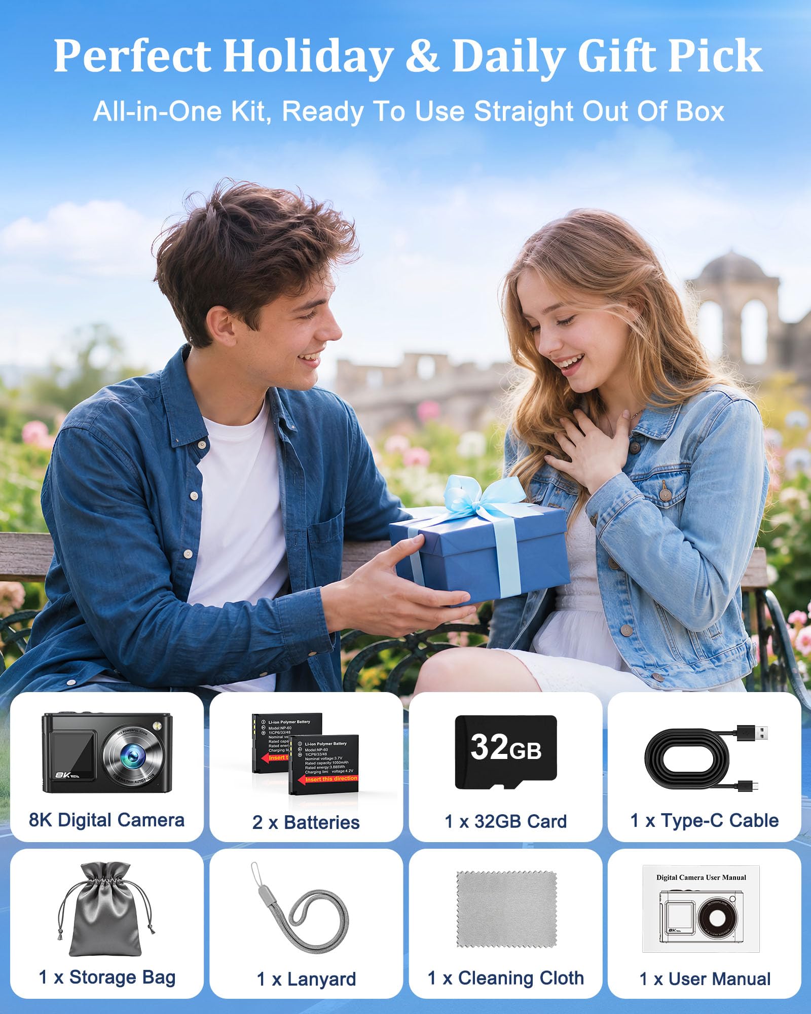 Fotocamera digitale WiFi 8K 96MP 2026 per vlogging YouTube con doppio schermo, autofocus anti-vibrazione, zoom 16X, fotocamera compatta da viaggio con scheda 32 GB e 2 batterie da 1050 mAh