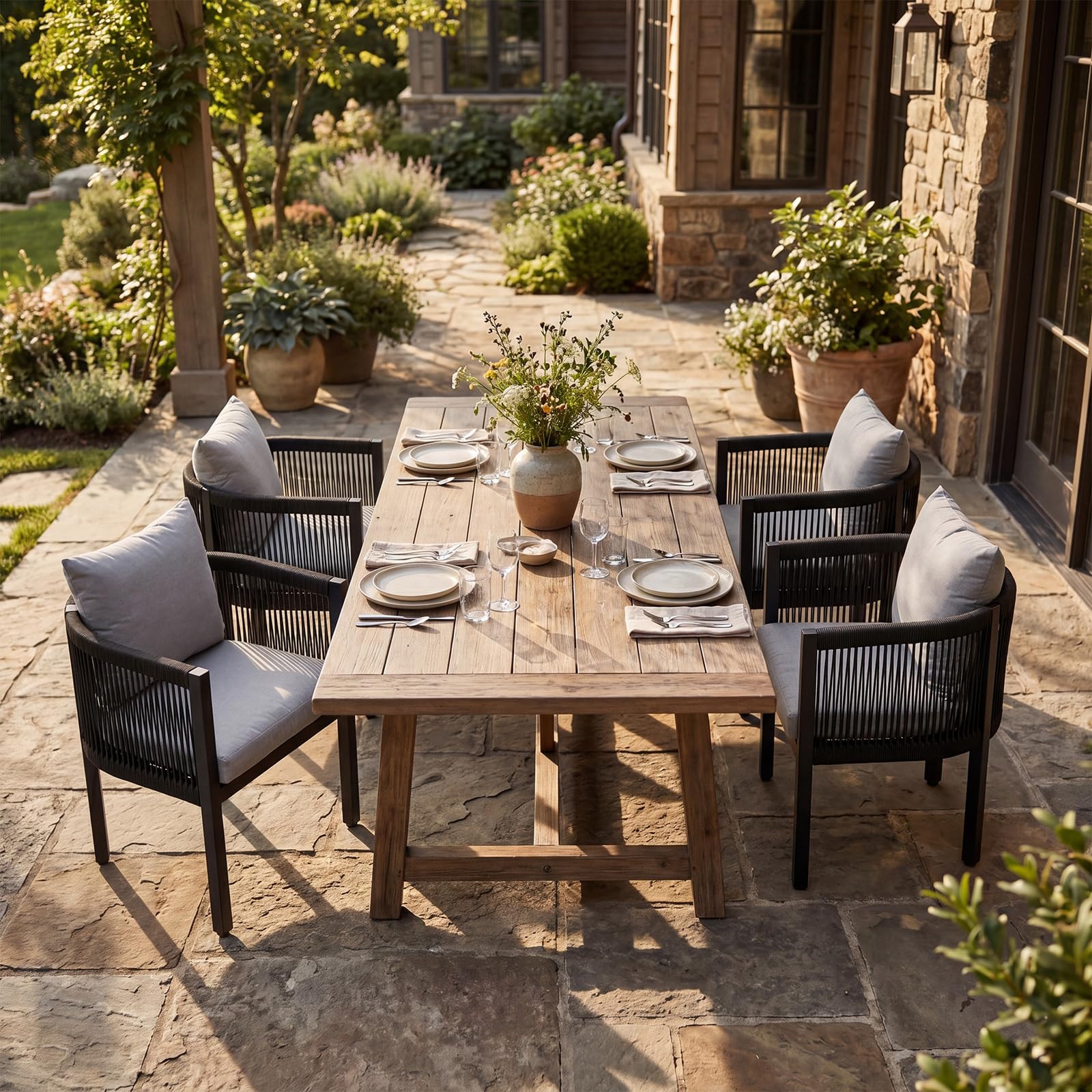 Ya-Home Gartenstühle 4er Set, Loungesessel Outdoor wetterfest, Balkonmöbel Lounge, Terrassenstühle mit Rücken Kissen und Sitzpolster, Gartenmöbel Sessel Rope Design für Garten & Balkon, Grau