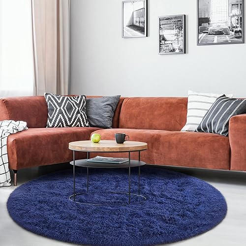 Miniatura 8 de Alfombra redonda azul marino para dormitorio de niñas, alfombra circular esponjosa de 4 x 4 pies para decoración de habitación de niños, alfombra