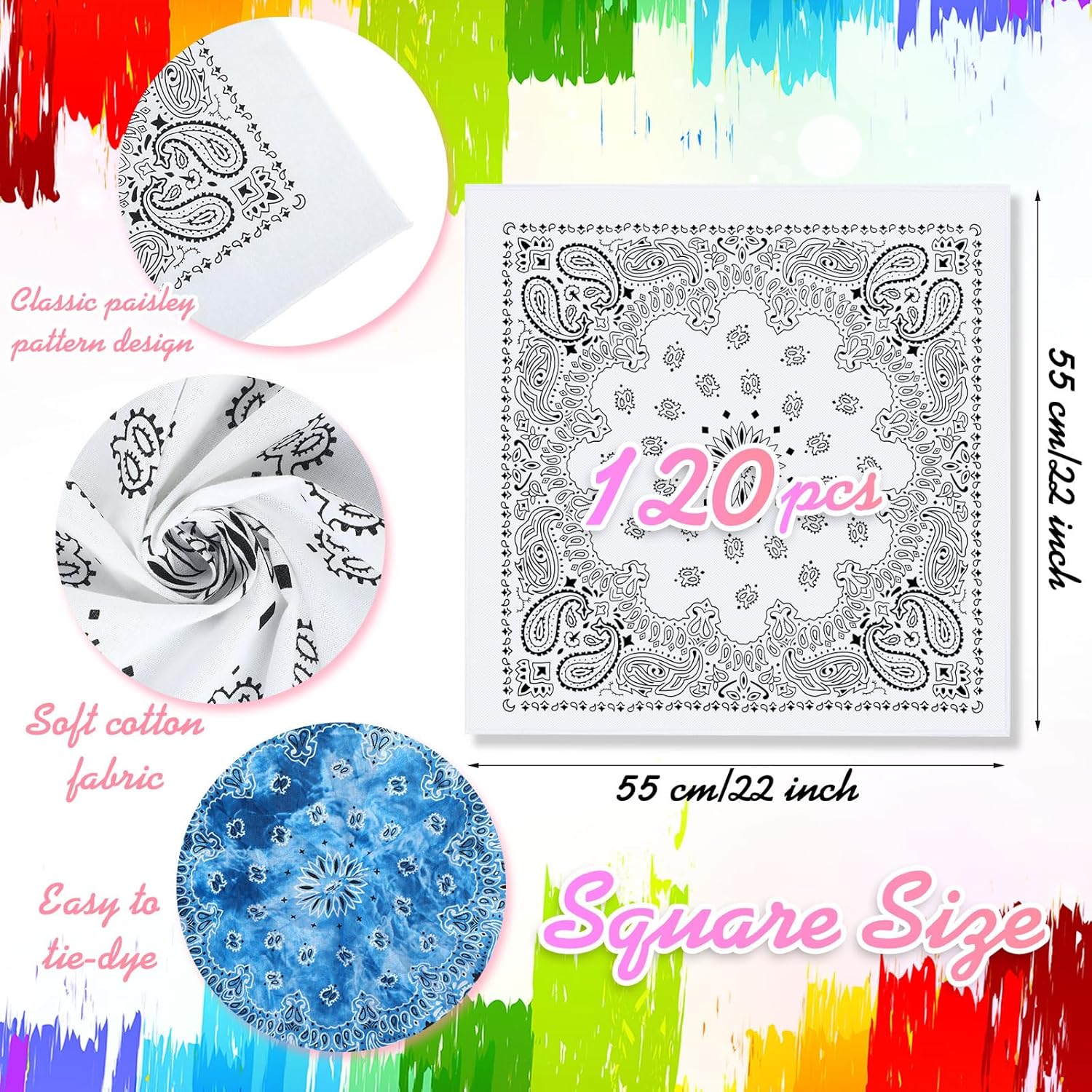 Bonuci White Bandana Bulk for Tie Dying Cotton Paisley DIY Scarf Bandana Multipurpose Head Wrap for Tie Dye Favors