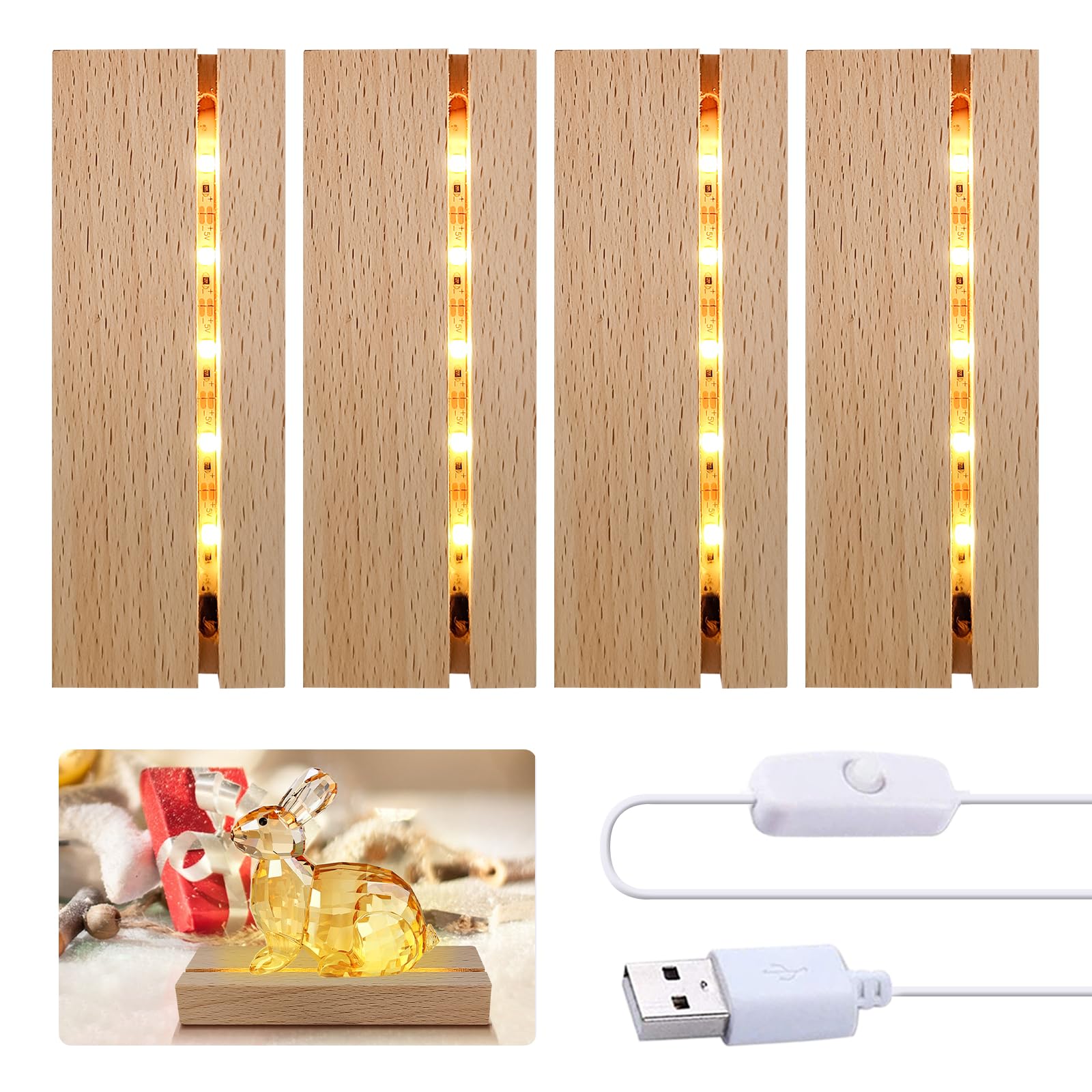 Paquete de 2/4 bases de exhibición LED, soporte rectángulo de madera, pedestal de luz para cristal, resina y arte decorativo (4 unidades)