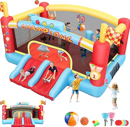 Gran casa inflable de obstáculos para niños grandes, gorilas inflables para exteriores de 13 pies, aro de baloncesto doble, juego de pelota de