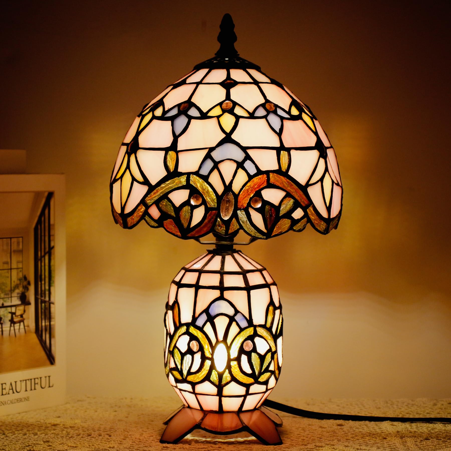 TCODTPOL Small Tiffany Stained Glass Table Lamp 8X14 Inches(Pink Baroque)