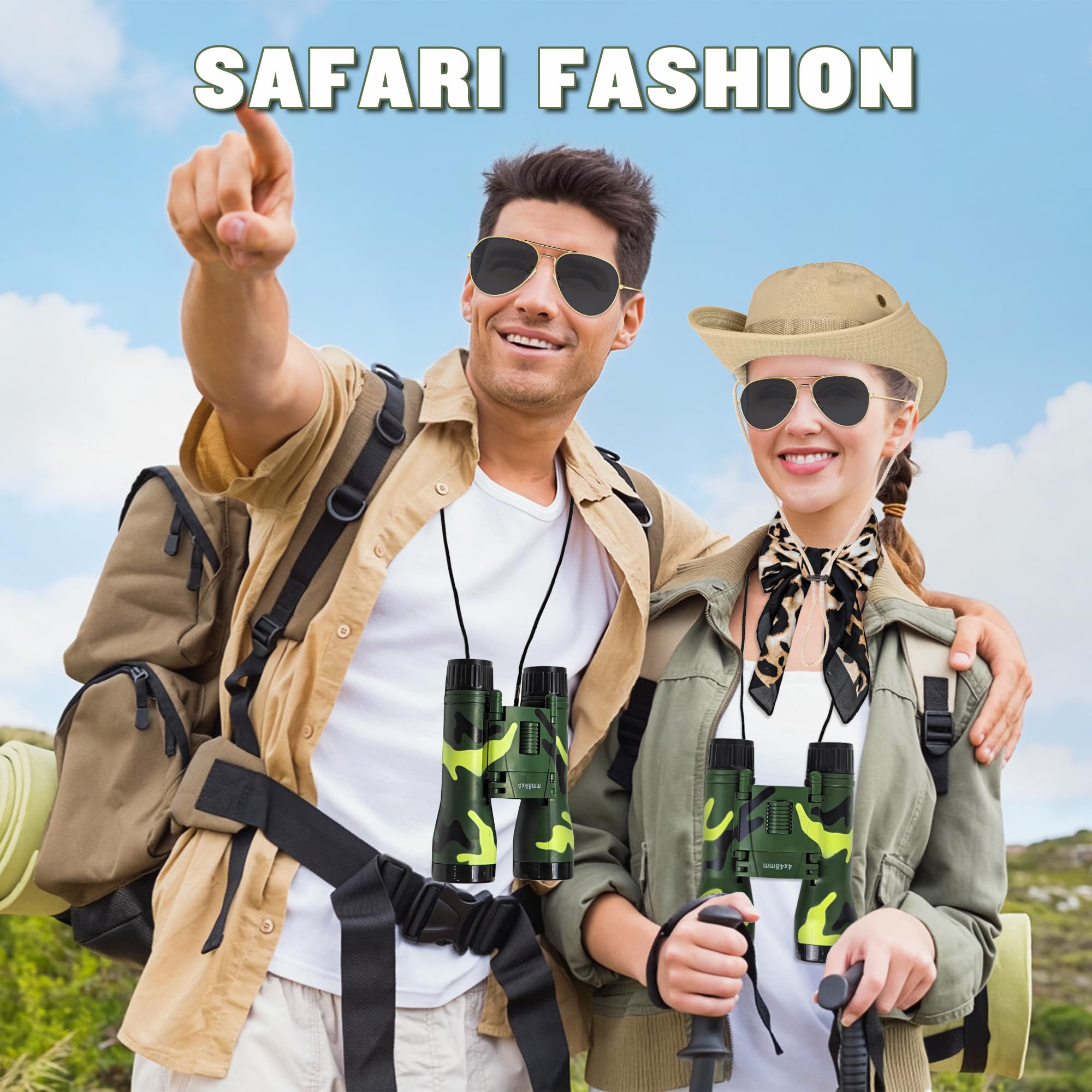 Horolam Zestaw akcesoriów do kostiumu safari, kapelusz safari, odkrywca, zoo, kostium z szalikiem w panterkę, zielona lornetka dla kobiet, przebranie na Światowy Dzień Książki, 4 szt