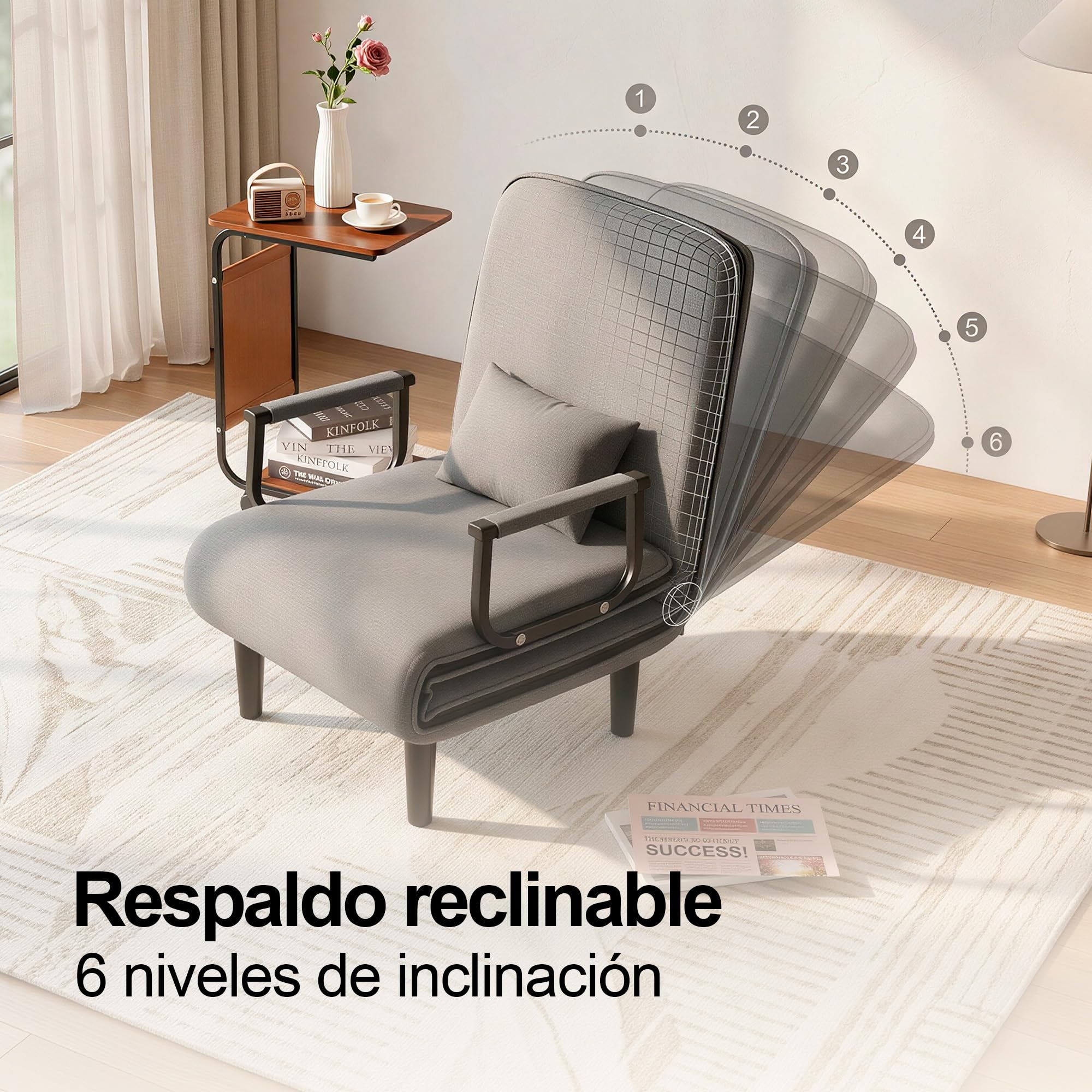 Unicview Sillón Sofá Cama Convertible 3 en 1, Sofá Reclinable, Sofá Individual Que se Convierte en Cama 190 cm Largo 65 cm Ancho, con Reposabrazos y Cojín, Ideal para Salón o Invitados, Gris