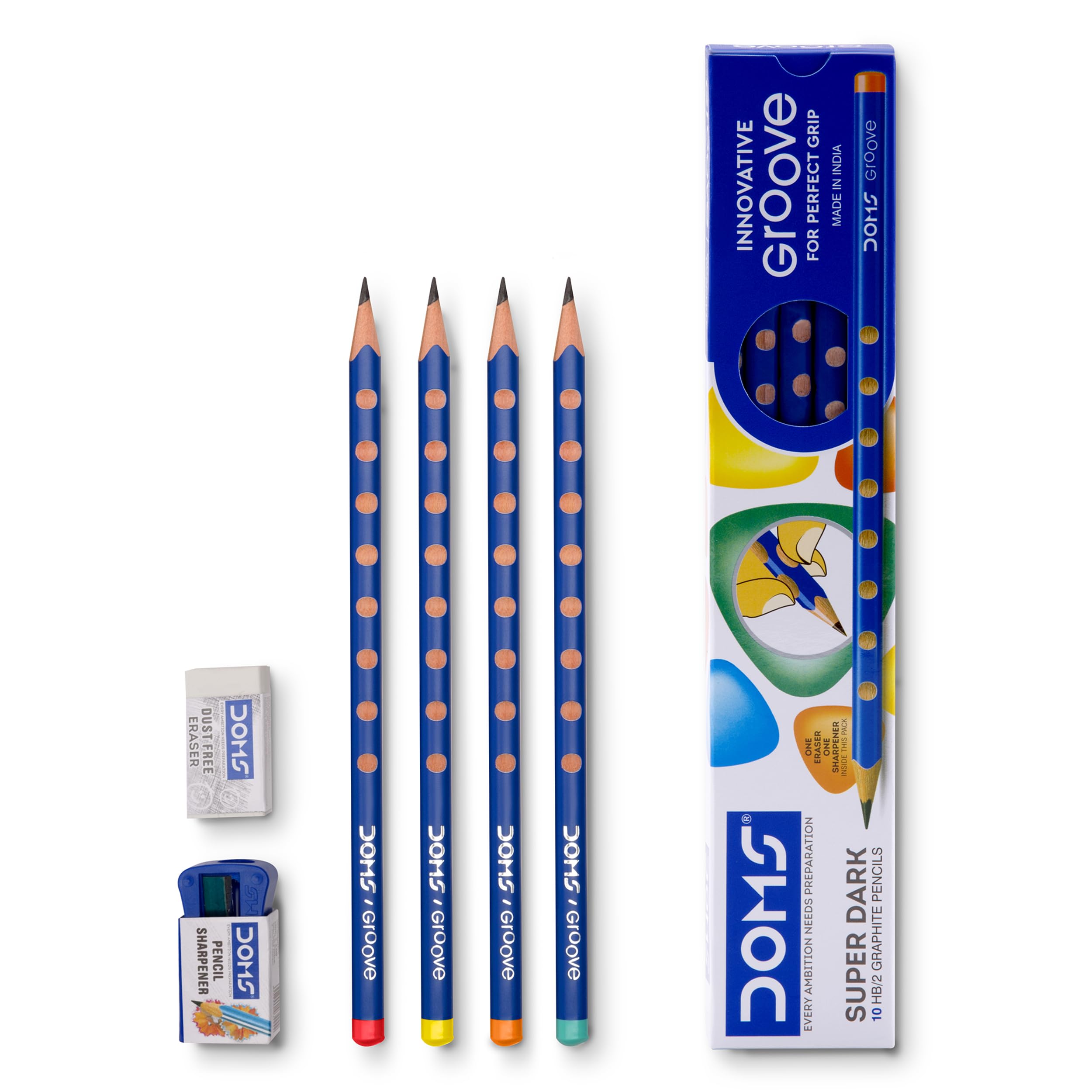 Doms Groove HB/2 Super Dark Graphite Pencil Box Pack | Innovative Groove For Perfect Grip | Free Eraser & Sharpner Inside | Pack of 10 pencil 2