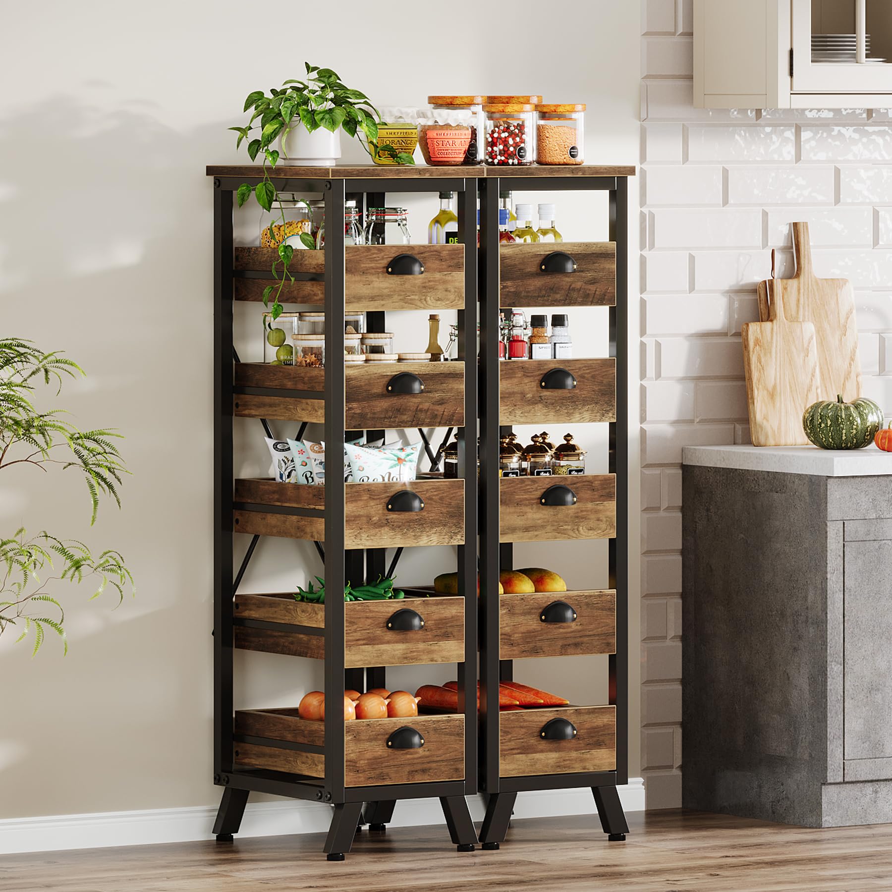 Tribesigns Wood Fruit and Vegetable Storage Rack Set of 2, 5-Tier Narrow Snack Stand Kitchen Stand Fruit Basket, Pull-Out Utility Organizer for Kitchen, Living Room, Rustic Brown