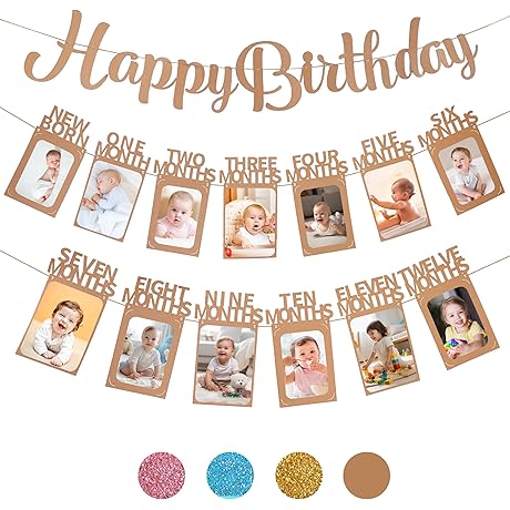 1st Birthday Photo Banner and Happy Birthday Banner, (Beige)