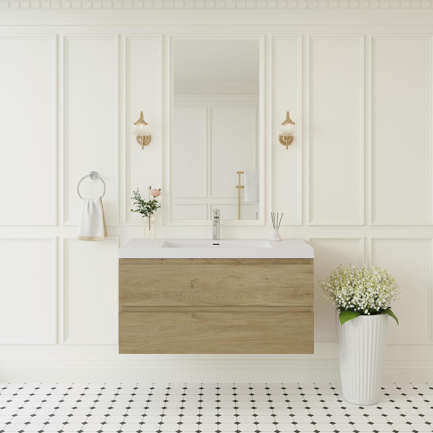 Abruzzo 42 Inch Bathroom Vanity with Sink Combo, Wall Mounted Vanity Base Cabinet with Single Hole Sink and Two Soft Close Drawers with Handle-Free Design, No Assembly Required, Natural Oak