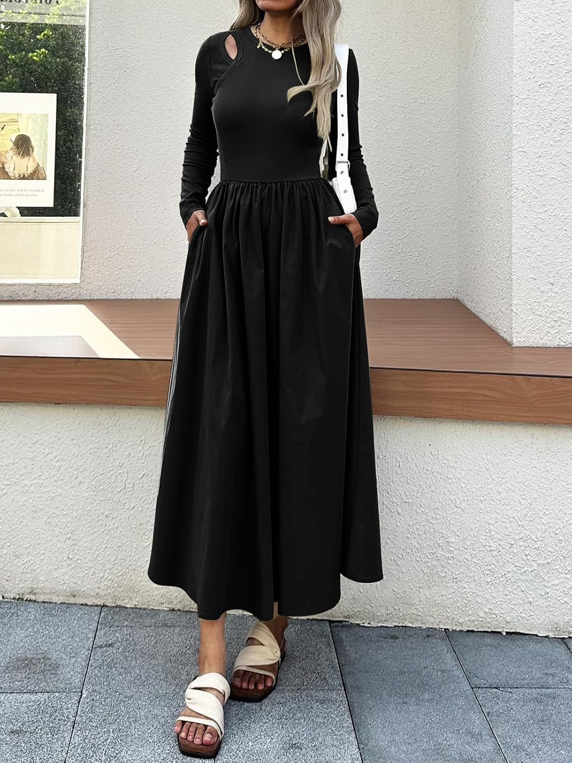 Women’s Maxi Dress with Pockets, Long Sleeve A-Line Flowy Full Length Dress with Cutout Shoulder, Elegant Casual Fashion Outfit Black M - Image 5