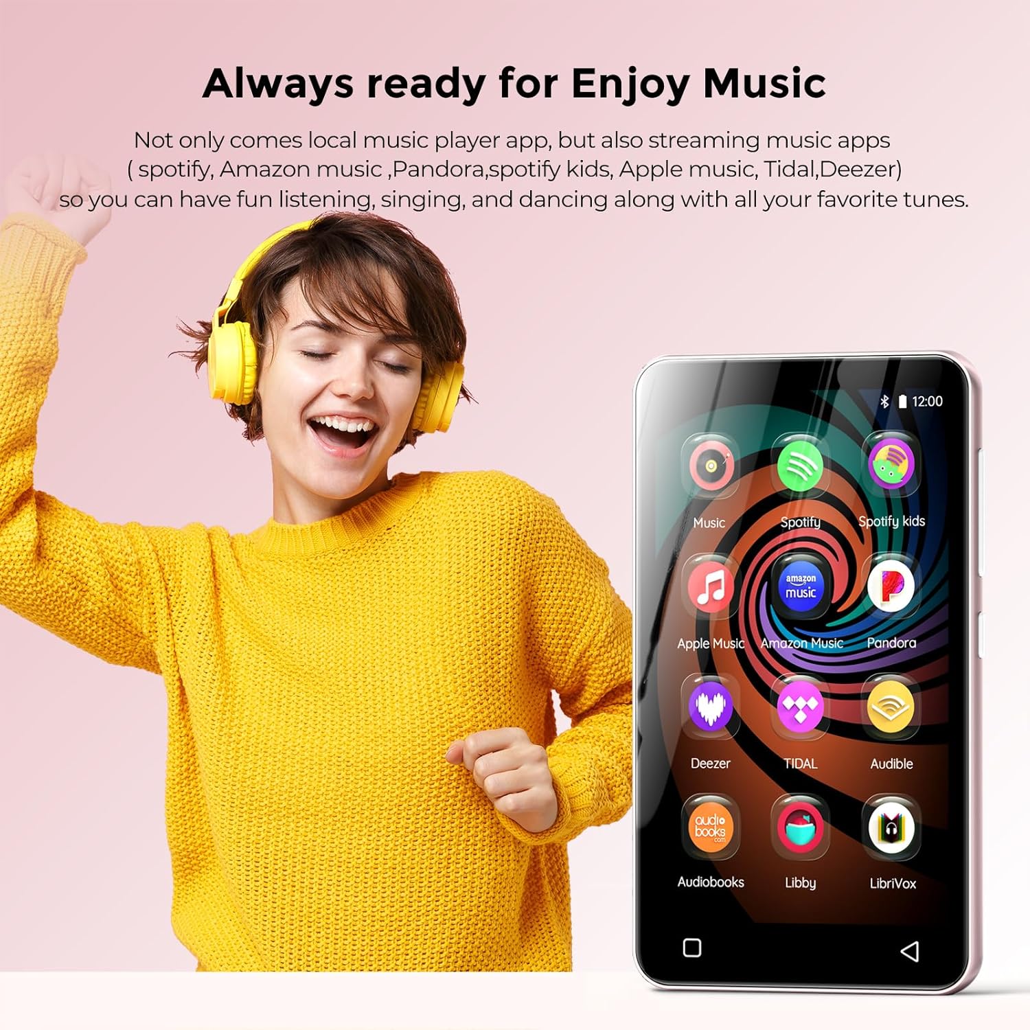 160GB MP3 Player with Bluetooth and WiFi, innioasis Music Player with Spotify,Pandora,Amazon Music,4" Touch Screen Android MP4 MP3 Player for Kids with Libby,Audible,Spotify Kids (White+Pink)