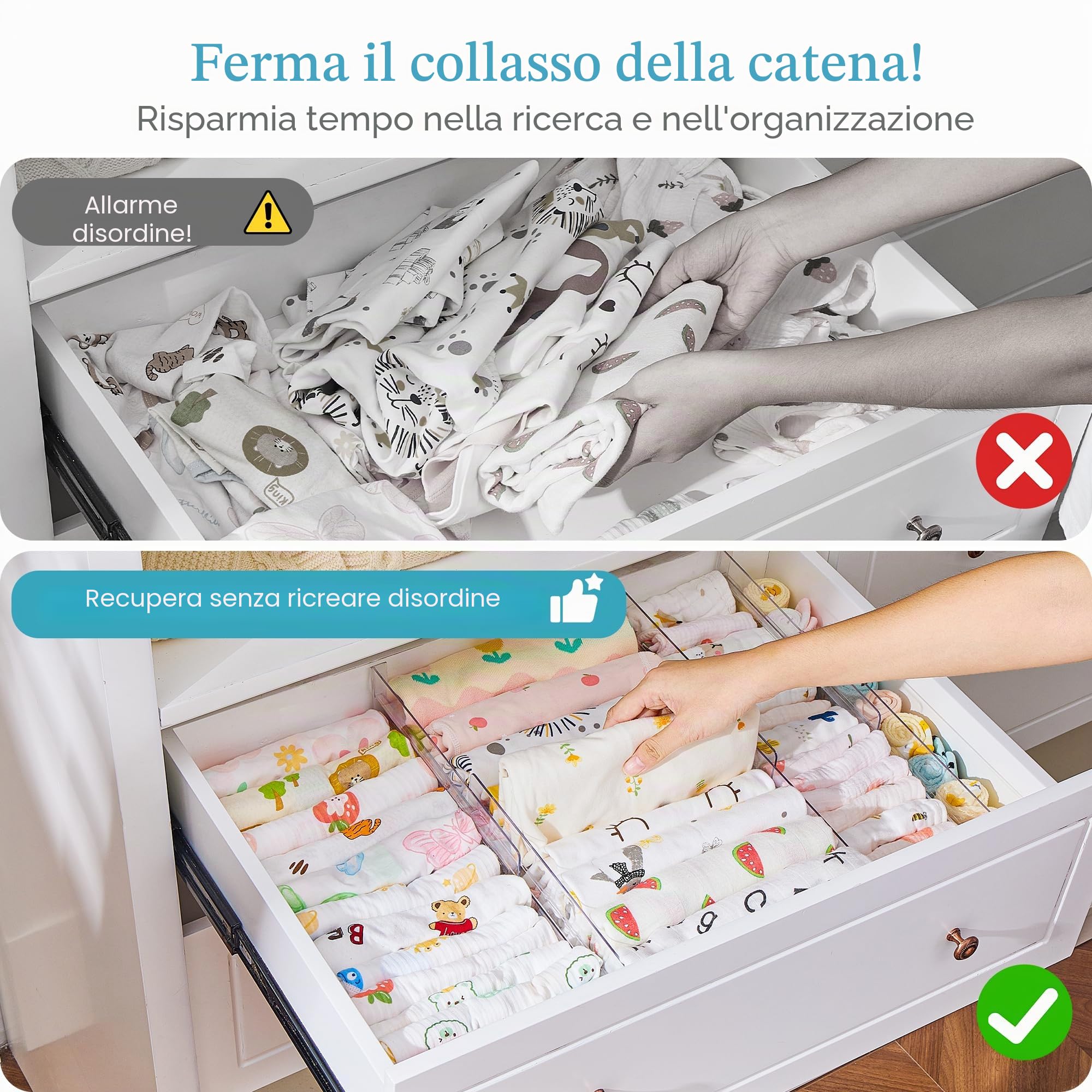Vtopmart Confezione da 8 separatori per cassetti, regolabili (26,8 – 43,1 cm), divisori trasparenti per cassetti, organizer, tavolo da toeletta, bagno