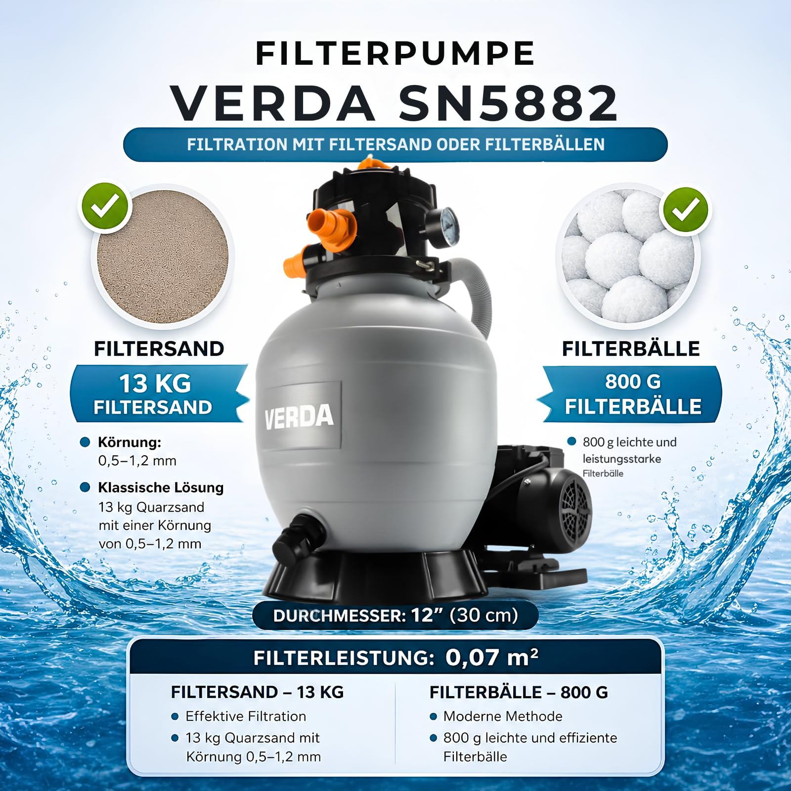 Verda Système de filtration à sable, pompe 10000 l/h, 400 W, avec billes filtrantes, 10 m, hauteur de refoulement 38 mm, connexion 220-240 V, 50 Hz, filtre à sable pour piscine SN5882