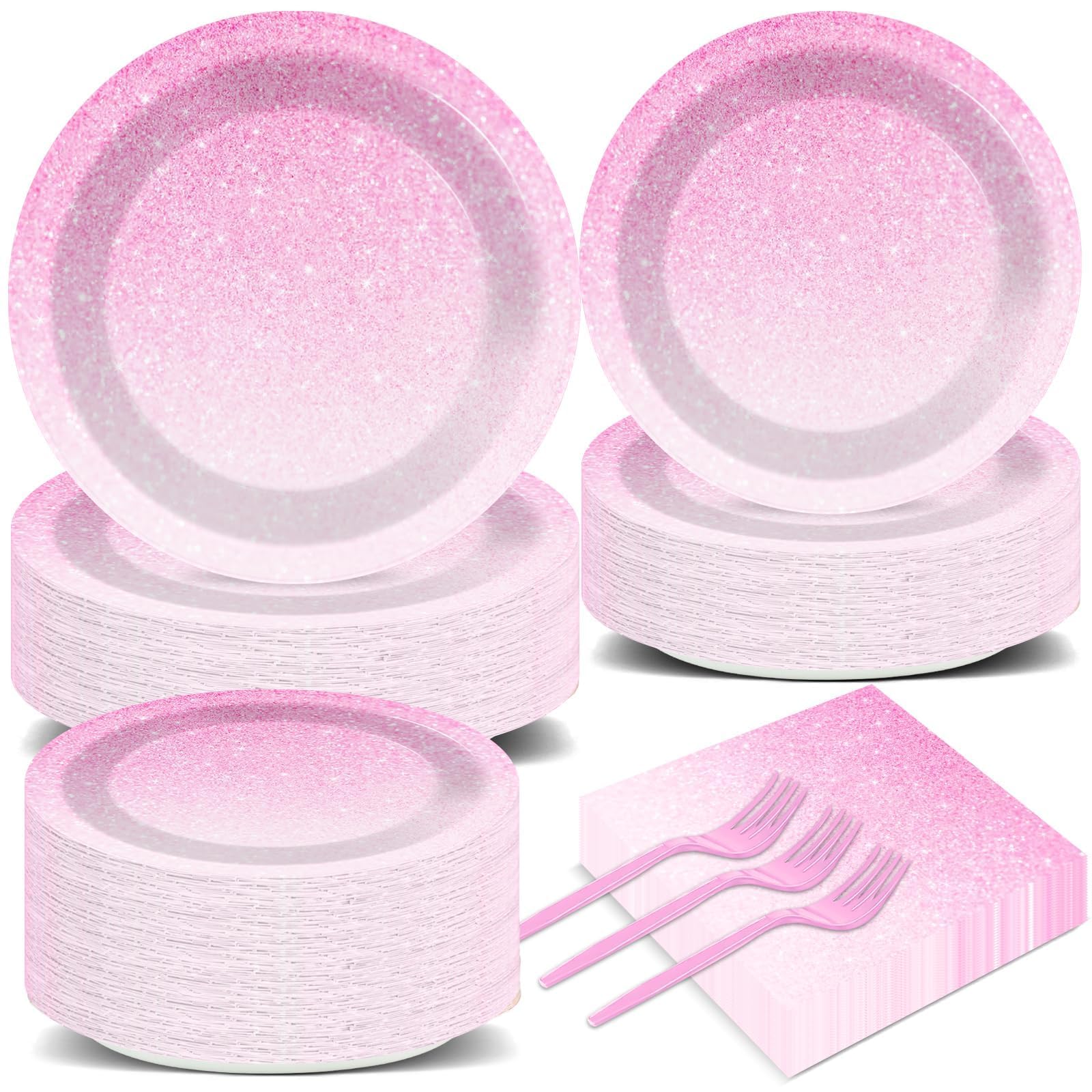 200 Pcs Ombre Pink Tableware Set Gradient Light Pink Party Decors Paper Plates Napkins Pastel Sprinkle Dinnerware Party Supplies for Girl Woman