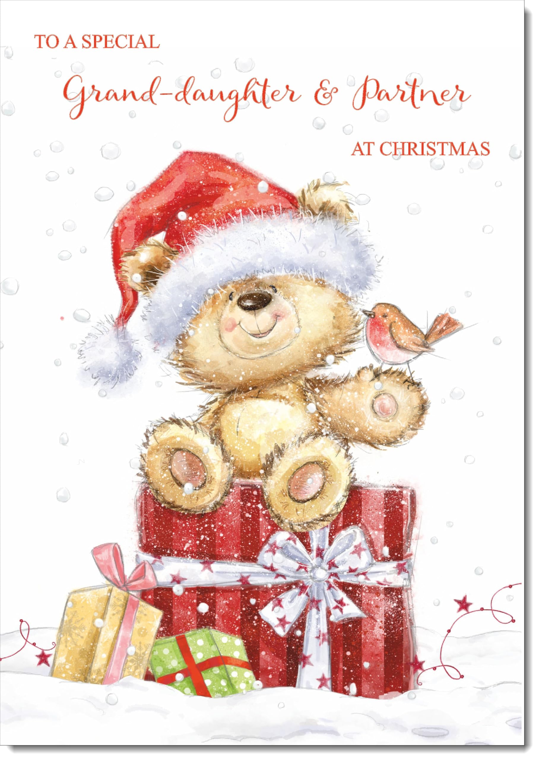 doodlecards Granddaughter and Partner Christmas Card Cute Bear on Parcel Large A4 Size Christmas Card for Granddaughter & Partner with Plain Envelope — image 1