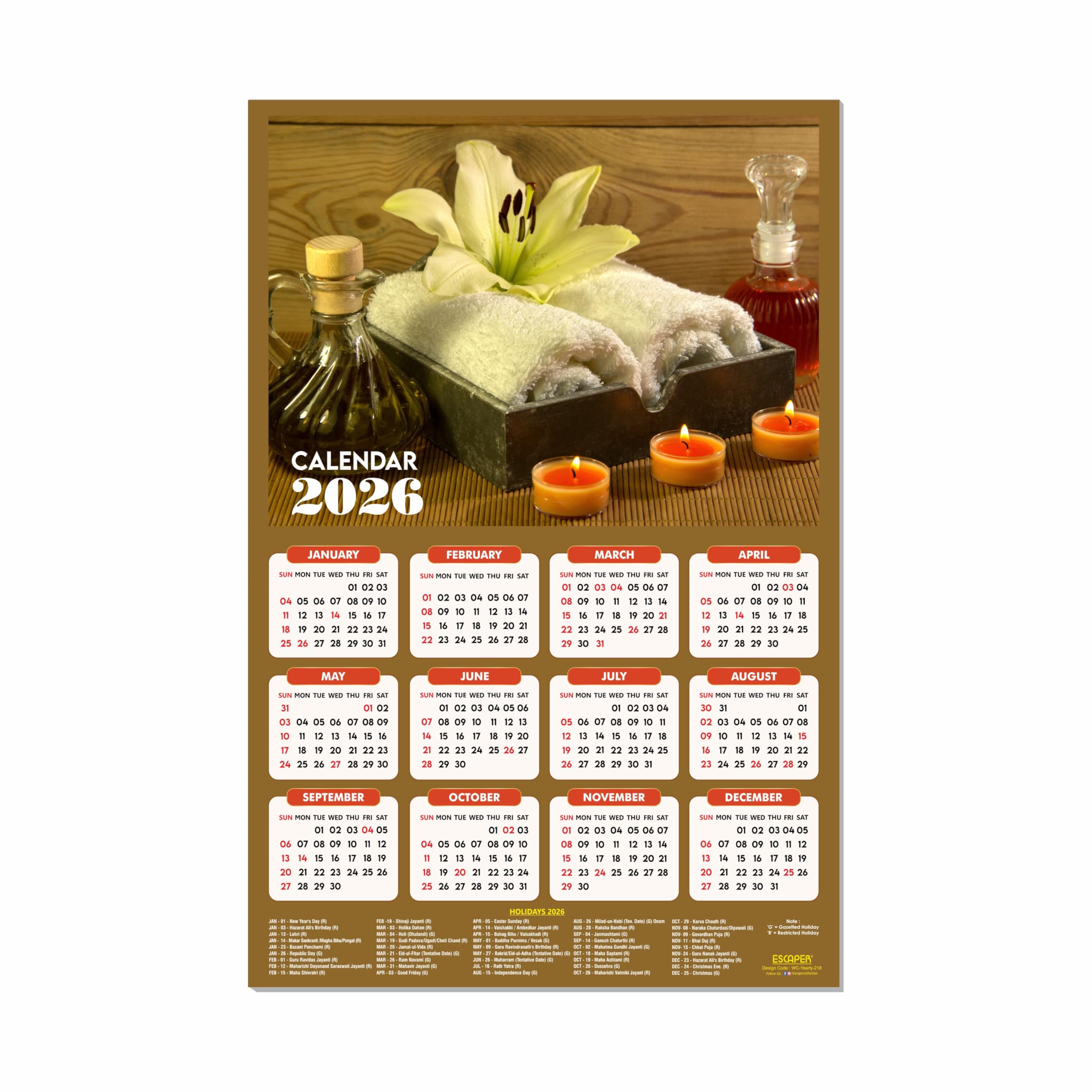 ESCAPER Calendario da parete Body Spa 2025 da appendere (45 x 30 cm), calendario da parete ayurvedico spa 2025, calendario da parete 2025, calendario da parete 2025, decorazione da parete spa
