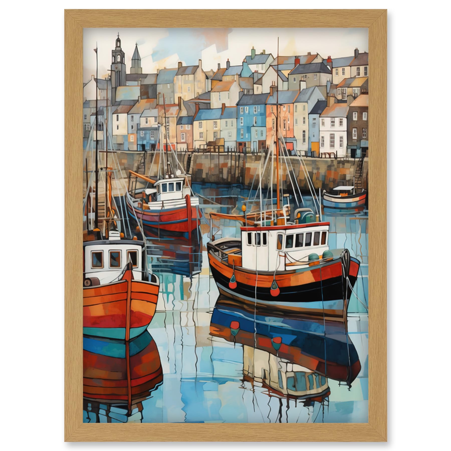 Artery8 Newlyn Harbour Trawler Boats Promenade Watercolour Painting Cornwall Coastal Townscape Artwork Framed Wall Art Print A4