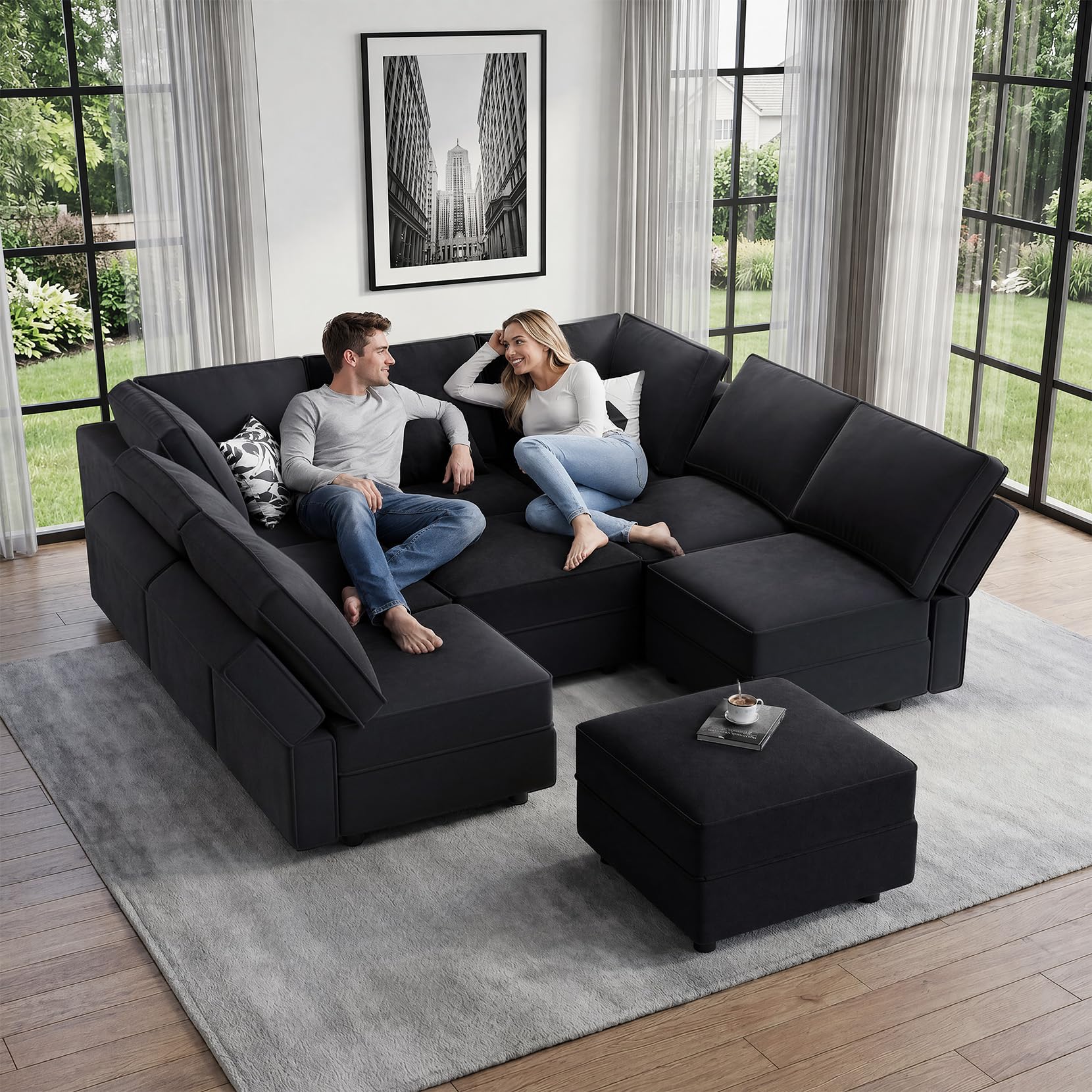 Vesgantti 92" 9 Seats Modular Sectional Sleeper Sofa with Storage, Black | FSC-certified hardwood frame, Pet-friendly velvet upholstery, Adjustable backrests and armrests, Two leg height options