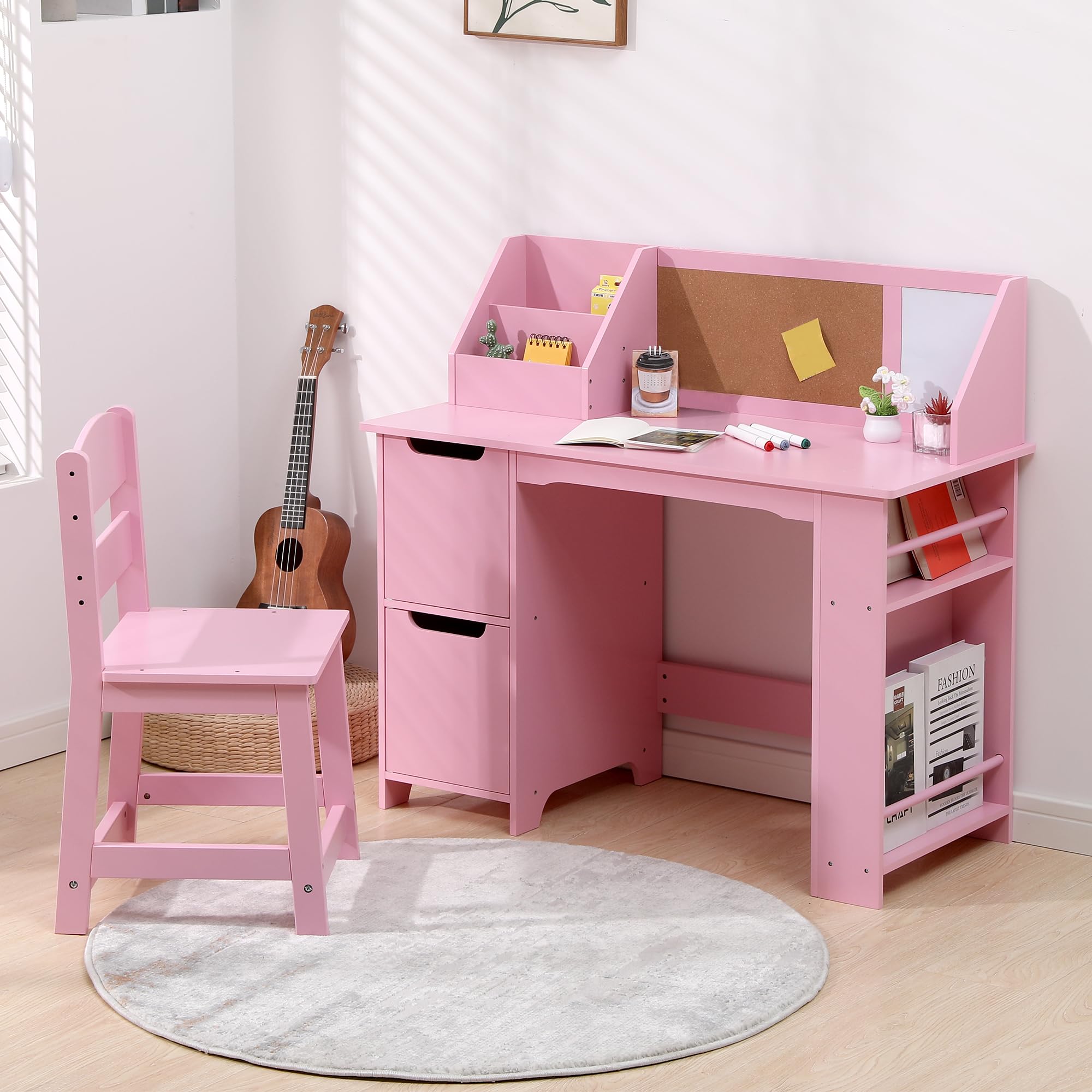 GarveeHome Kids Study Desk and Chair Set, Wooden School Learning Table with Storage, Hutch and Bulletin Board, Children Computer Desk with Chair, Small Toddler Desk for Home, School, Pink