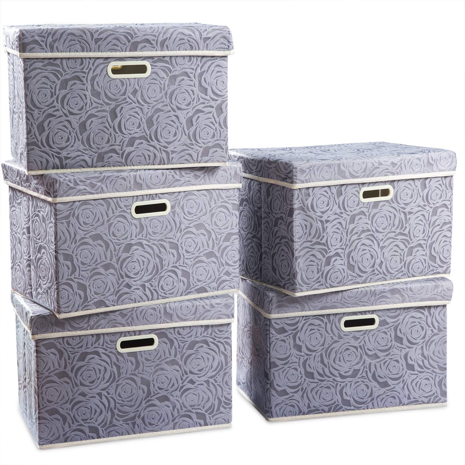 PRANDOM Large Storage Boxes with Lids [5-Pack] Fabric Decorative Storage Bins Cubes Organizer Containers Baskets with Handles for Closet Grey