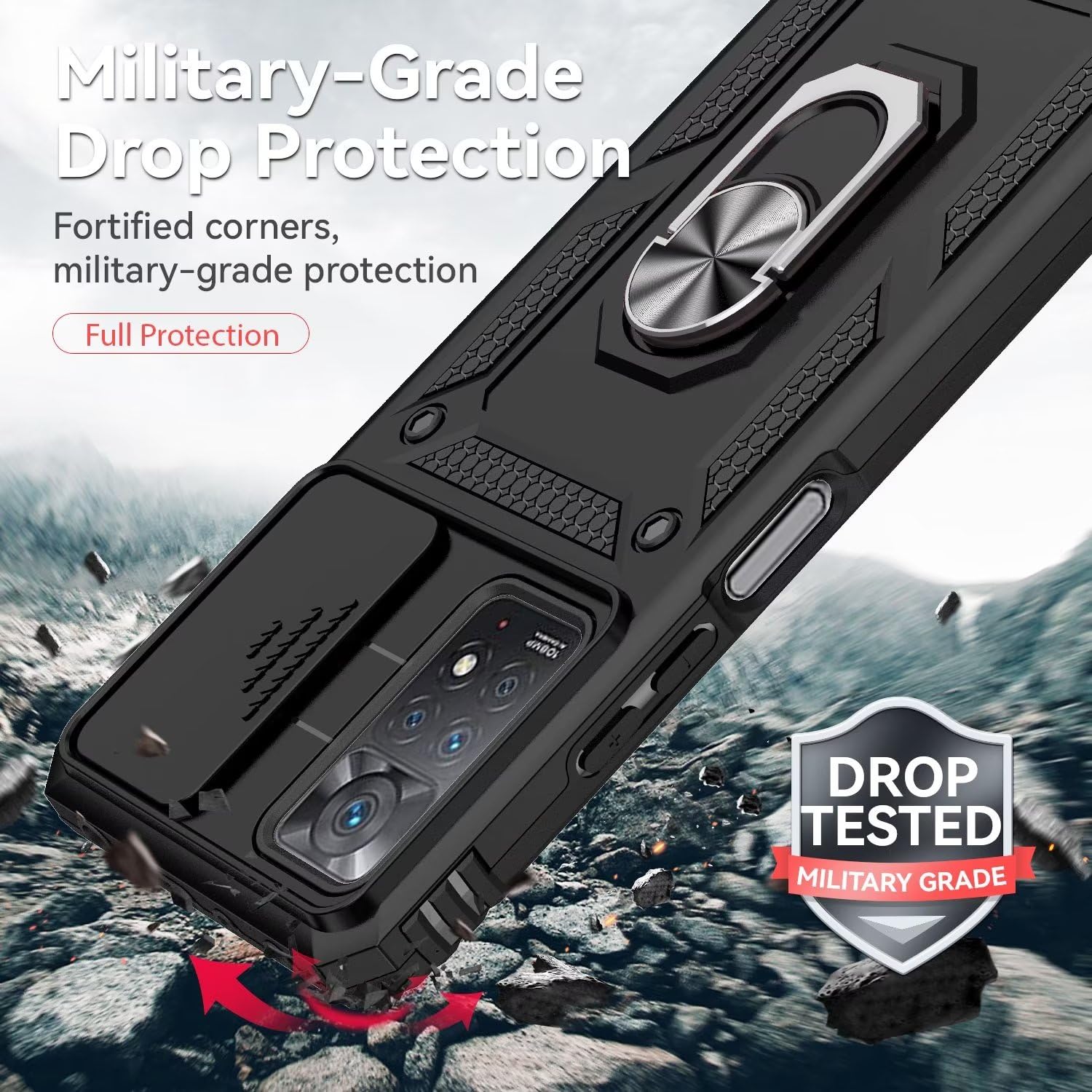 Btstring Cover per Xiaomi Redmi Note 9S/Redmi Note 9 Pro con Pellicola Protettiva, Militare Custodia con Stand Supporto Bumper Antiurto Case, TPU+PC Dual Layer Custodia- Nero