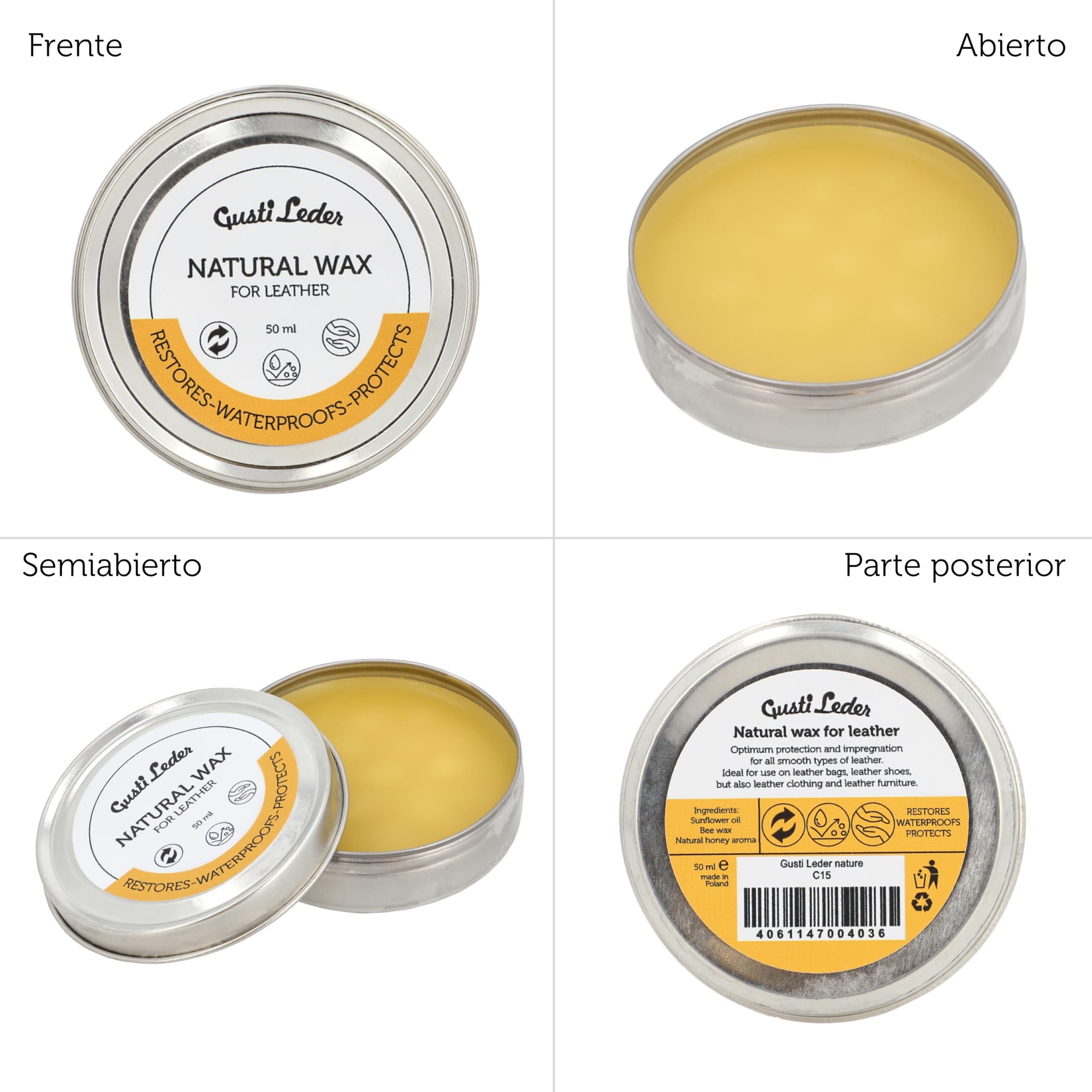 Gusti Leder Natural Wax - Cera de abejas para el cuidado del cuero para sofá, bolsos, zapatos y coche - grasa para cuero para brillo, protección y suavidad