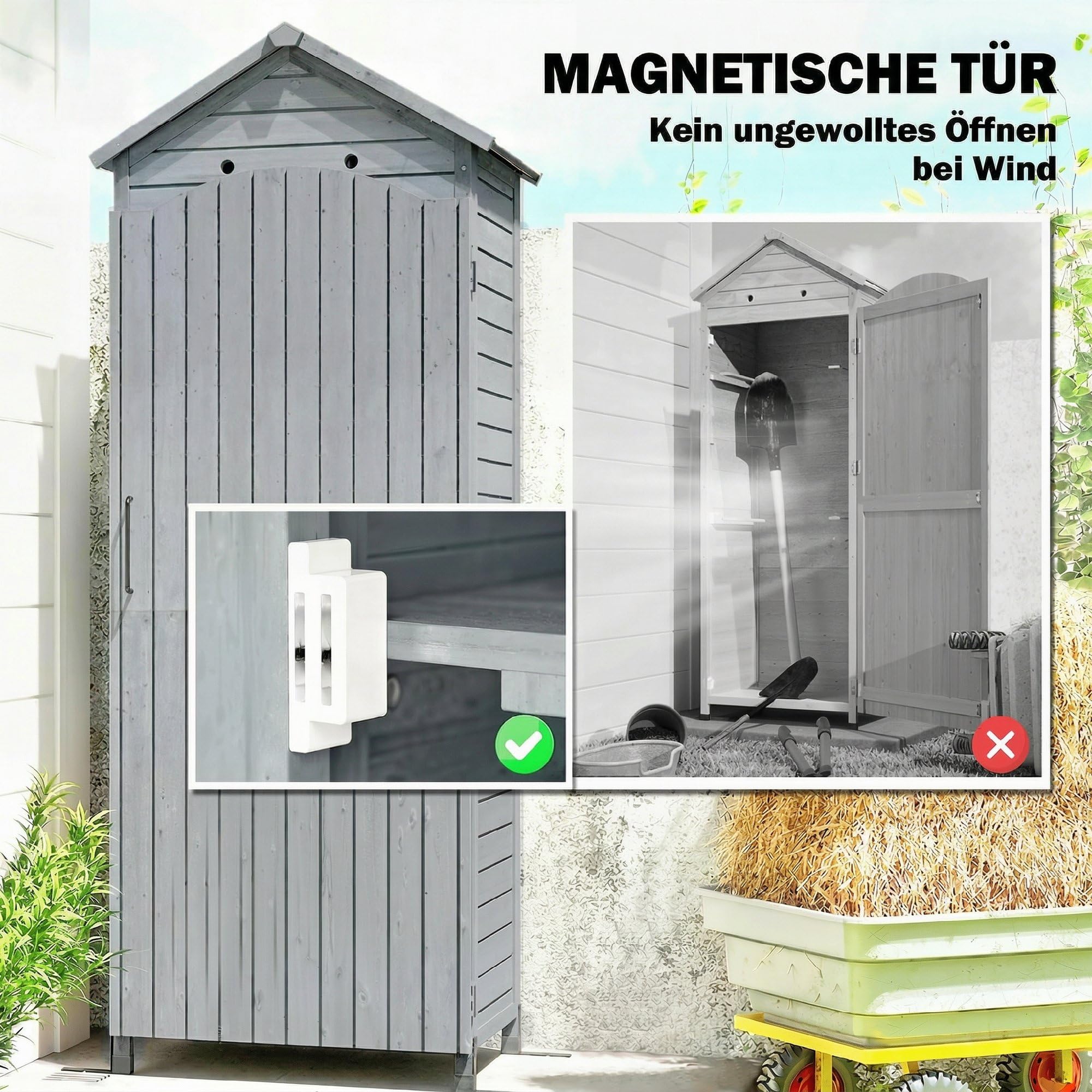 Outsunny Armadio extra alto rimessa attrezzi 85x58x213cm Grigio | Ripiano regolabile, porta magnetica, tetto zincato, ventilazione, anti-ribaltamento, casetta per terrazzo e giardino