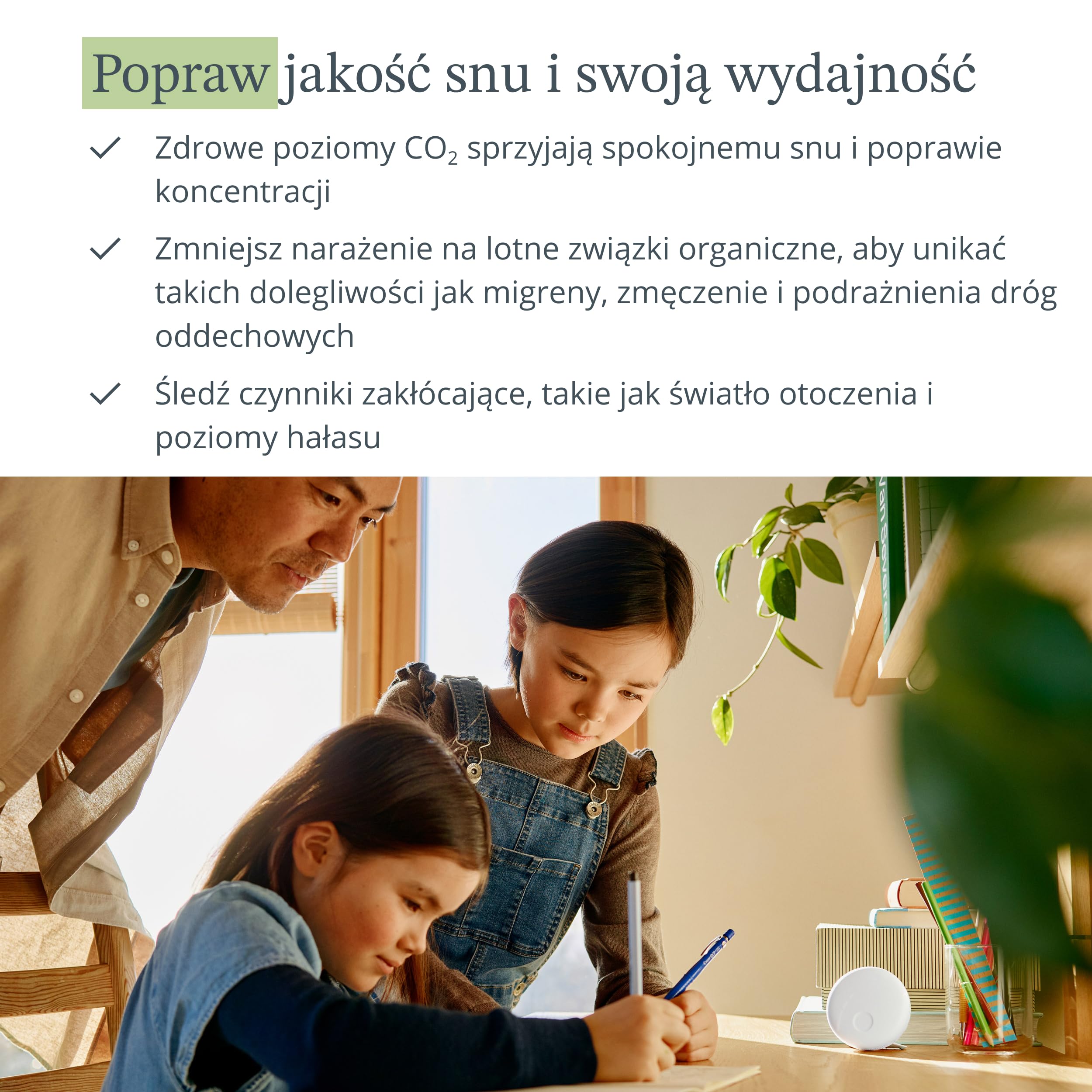 Airthings 321 Wave Enhance monitor jakości powietrza CO2 VOC wilgotność temperatura ciśnienie hałas światło