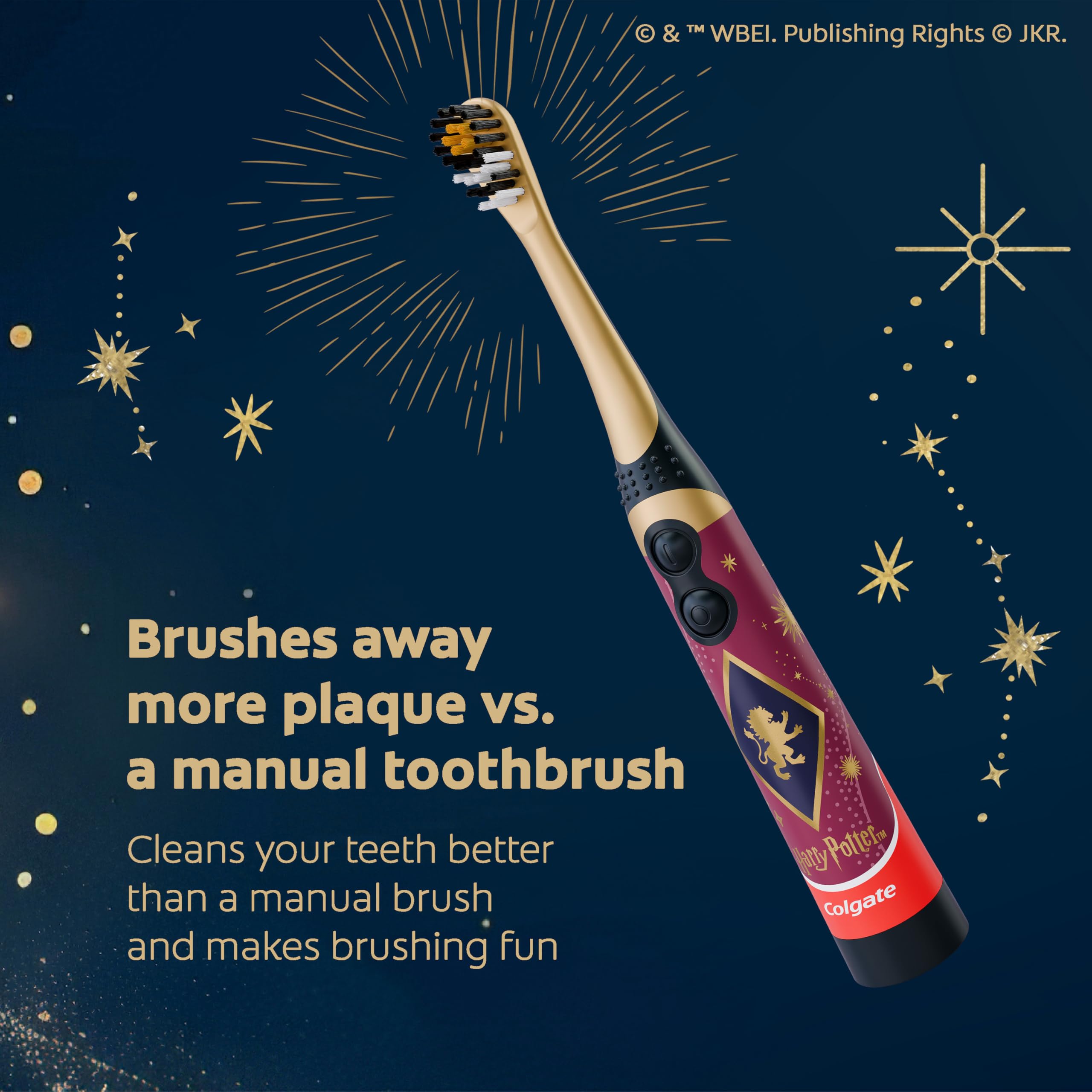 Colgate Harry Potter - Spazzolino da denti vibrante per bambini a batteria, extra morbido, batterie AA incluse, confezione da 4, per streghe e maghi dai 3 anni in su, design piatto