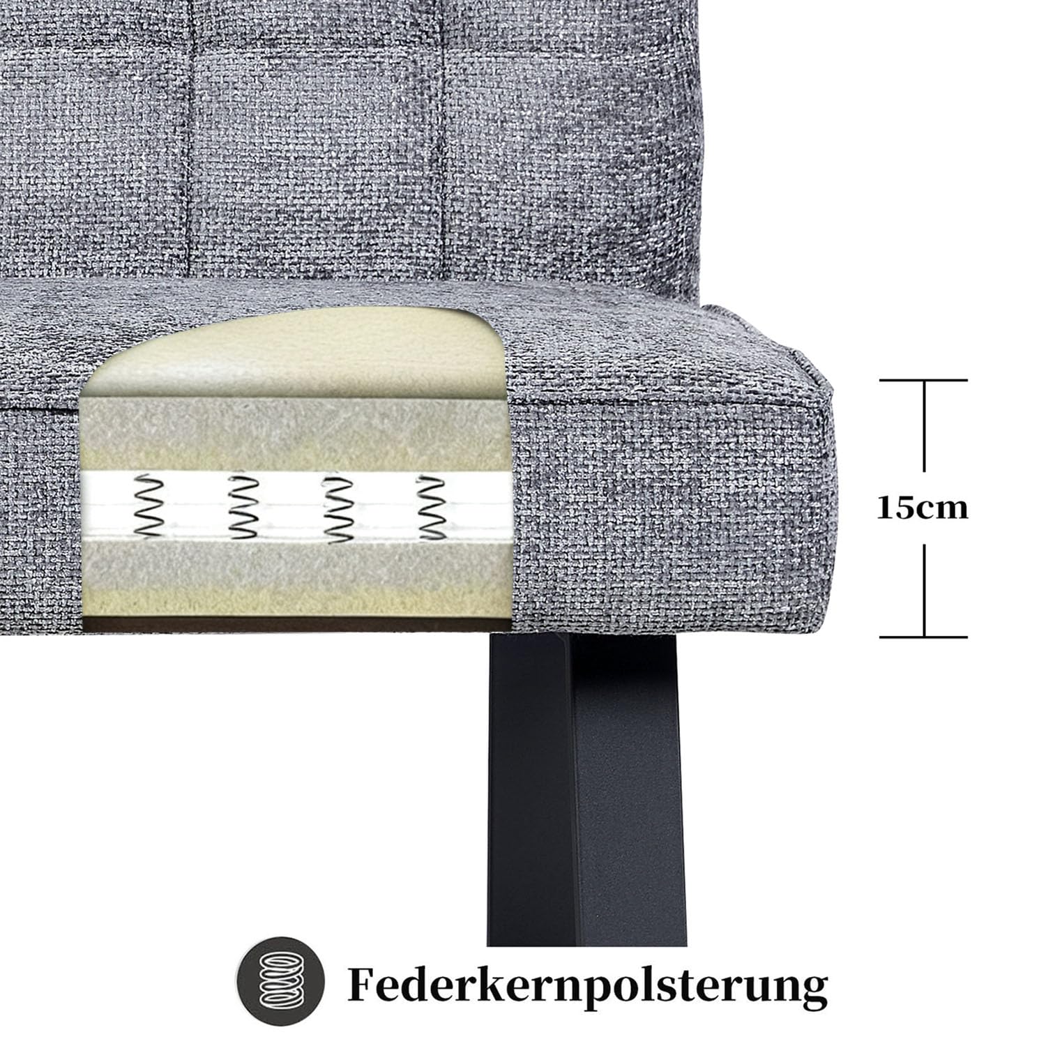 DUBI Möbel Sitzbank Clara 160 cm mit Federkernpolsterung – Moderne Esszimmerbank Hellgrau – Gepolsterte Küchenbank mit 15 cm Polsterung & Metallbeinen Schwarz