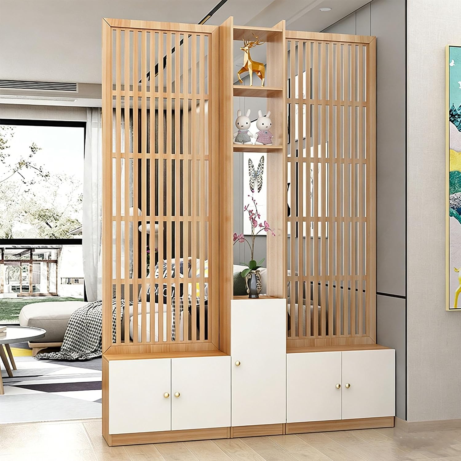 Entrance Hall Partition Screen Column,Wooden Privacy Slats Separation Decor,with Storage Shelf,with Storage cabinets,for Home & Office Decor(150cm/59in)