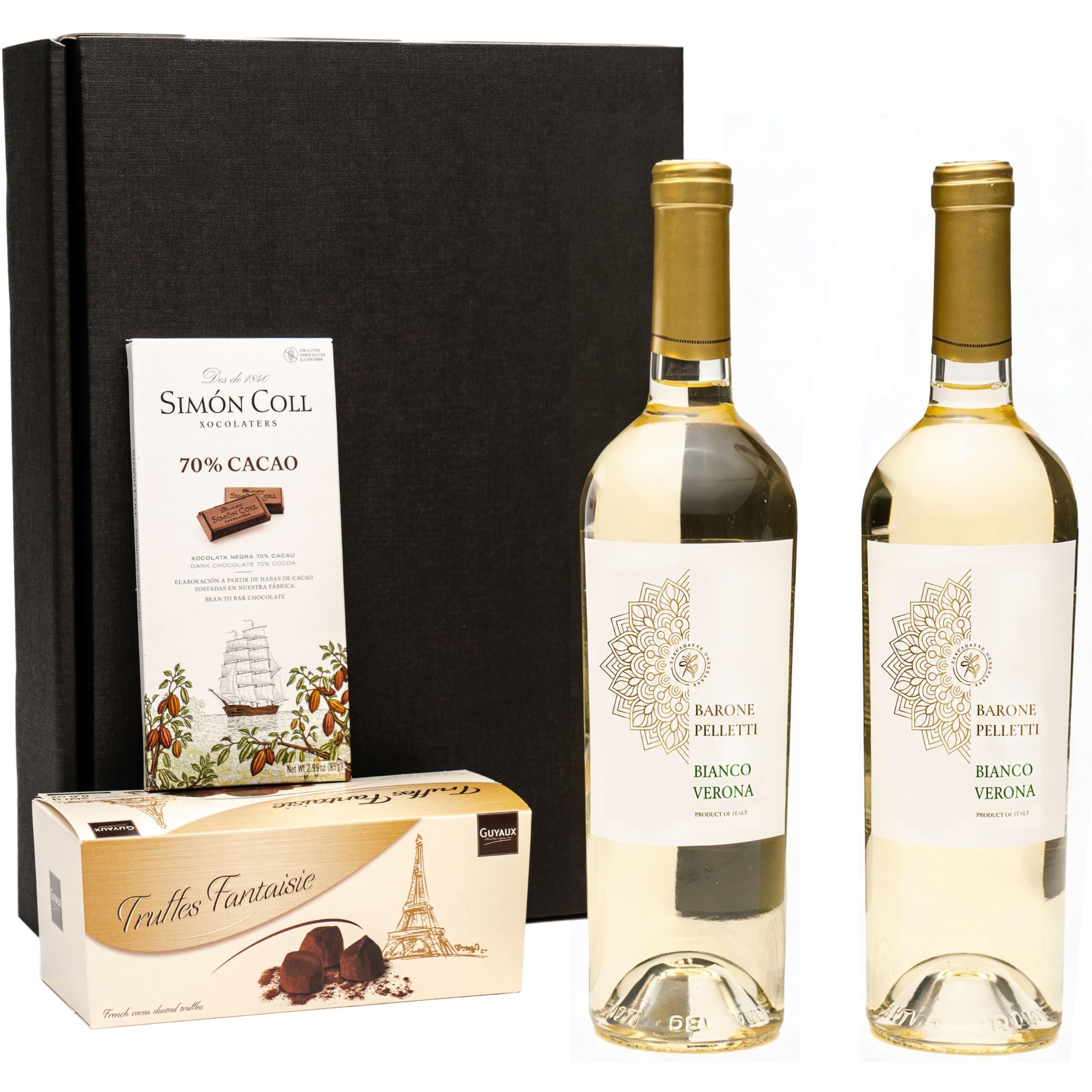 Geschenkset 2 x Weißwein aus Italien (Bianco di Verona Barone Pelletti IGT) mit Schokoladentrüffeln und dunkler Schokolade