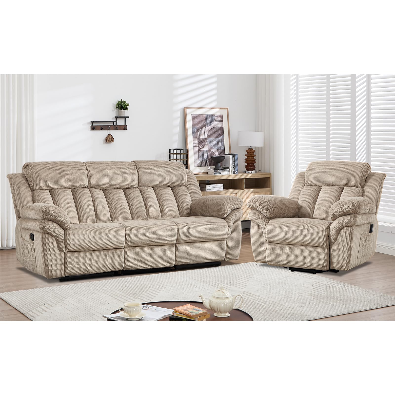 CANMOV Recliner Sofa Set, Oversize Power Lift Recliner Chair and Manual Loveseat with Overstuffed Armrest for Living Room,Bedroom Furniture,Office,1+3