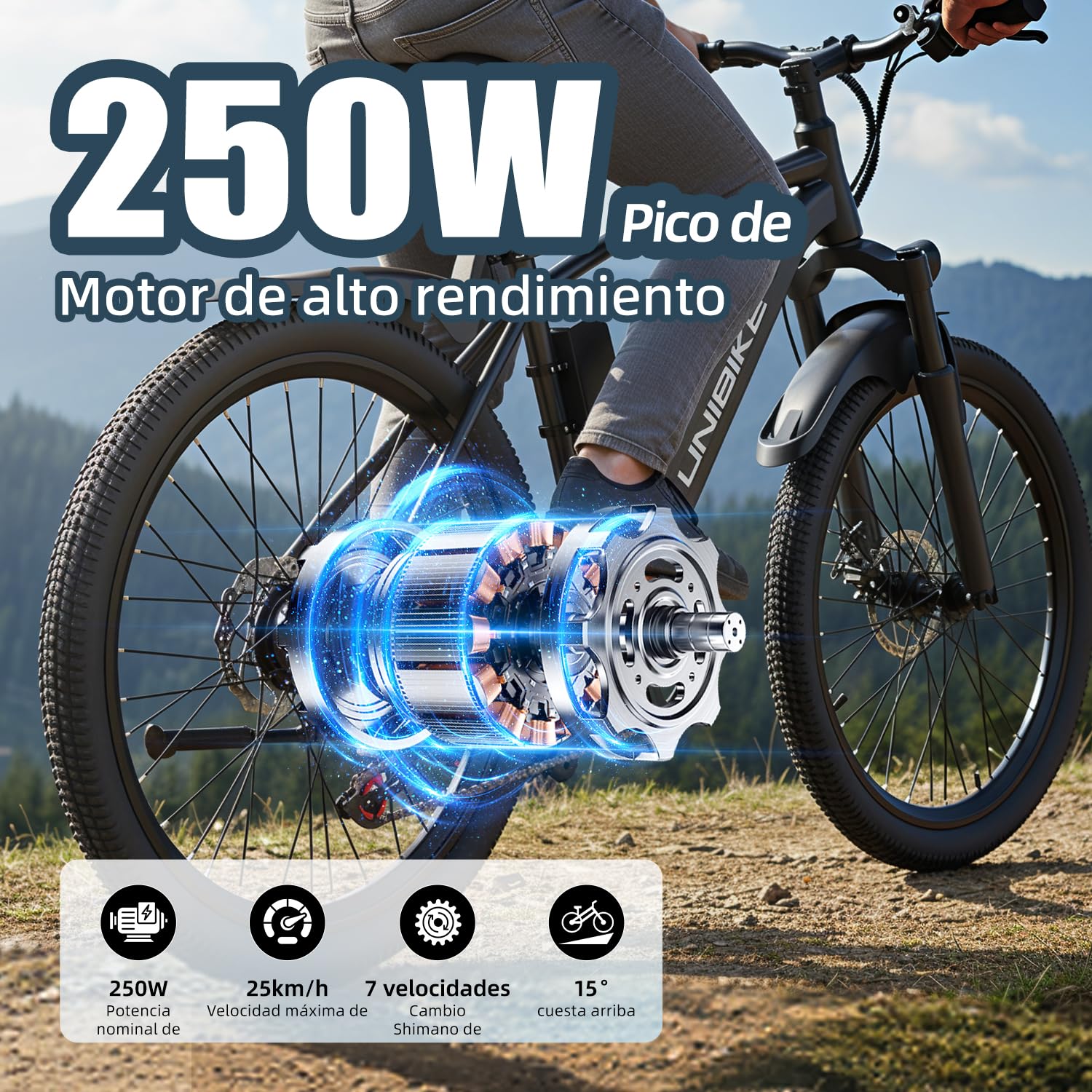 Q7 Bicicleta eléctrica de 66 cm para adultos, 25 km/h 250 W, bicicleta de montaña con rango de 75 km y batería extraíble de 36 V 10 AH, bicicleta eléctrica de 7 velocidades para adultos y
