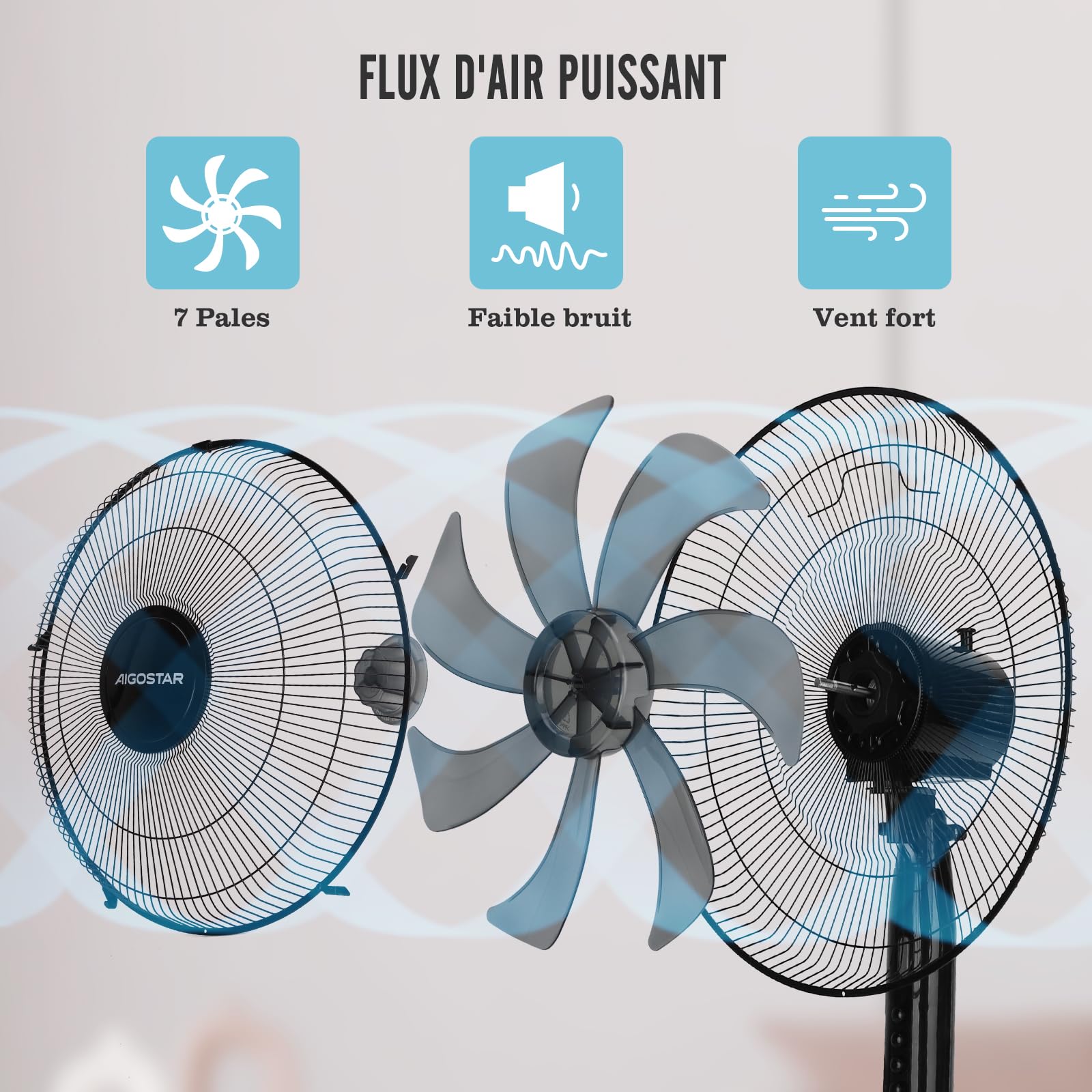 Aigostar Ventilateur sur pied, 7 Pales, 3 Vitesses, Puissant, Silencieux et Stable, 50W, Grille Sécurisée, VDE, Noir