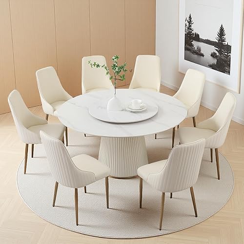 Vista 20 de Montary Mesa de comedor rectangular moderna de 71 pulgadas para 6-8 asientos, mesa de comedor de mármol blanco con mesa de piedra sinterizada y base