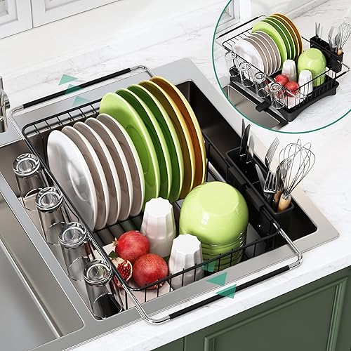 romision Escurridor de platos para fregadero, escurridor de platos con escurridor para encimera de cocina, uso para encimeras, fregaderos y